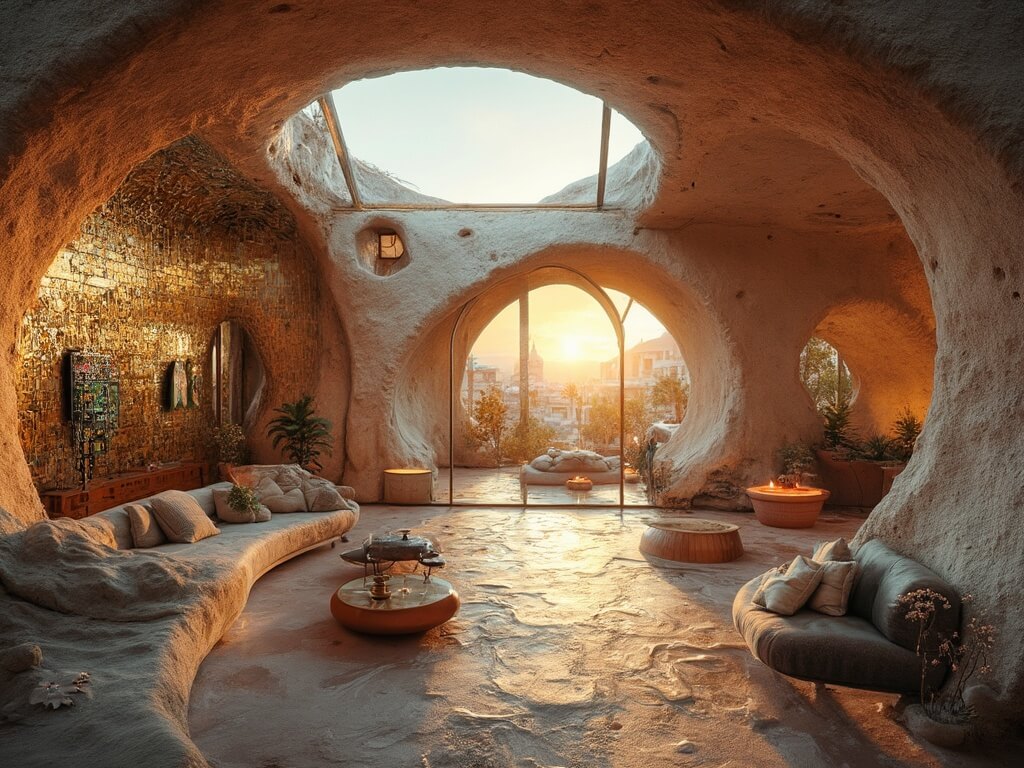 "Panoramic montage of unique architectural homes including a Gaudi-inspired living room, a modernist petal house, an earth-sheltered cave dwelling, and a glass treehouse in various stages of day"
