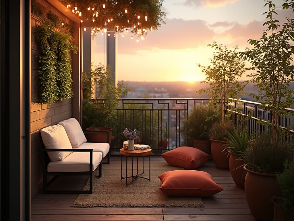 "Cozy urban balcony at sunset with bistro set, string lights, vertical herb garden, bohemian floor cushions, and potted plants"