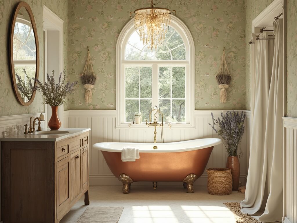 "Vintage cottagecore bathroom interior with copper bathtub, floral wallpaper, antique mirror, and natural sunlight"