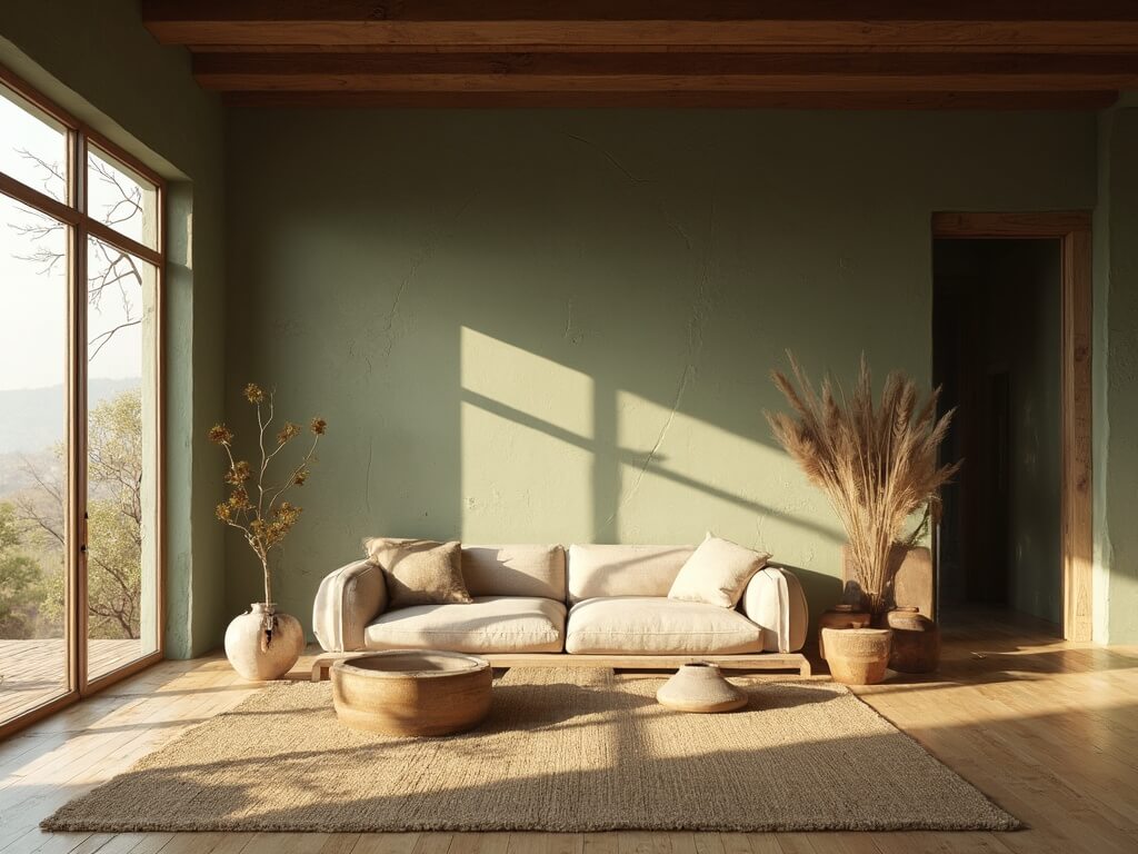 "Serene living room with natural light, moss green plaster walls, oak flooring, assorted ceramic vessels, wabi plants, and vintage brass lamp in an muted color palette"
