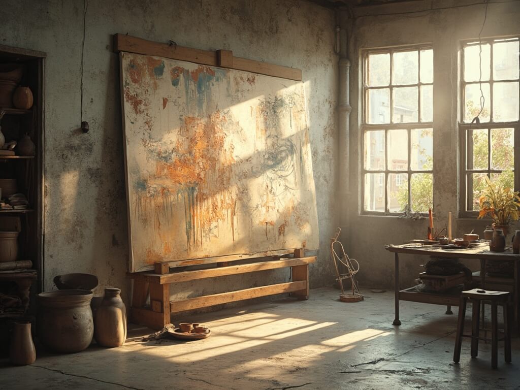 "Sunlit wabi-sabi artist's studio at dawn featuring abstract earth-toned artwork, natural materials, vintage workbench with ceramic vessels and painting tools, with morning light streaming through industrial windows, creating tranquil and authentic creative atmosphere."