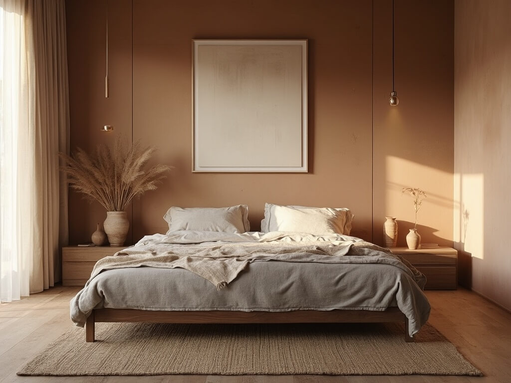 "Wabi Sabi bedroom with walnut platform bed, linen bedding, ceramic vessels, and plaster walls in morning light"