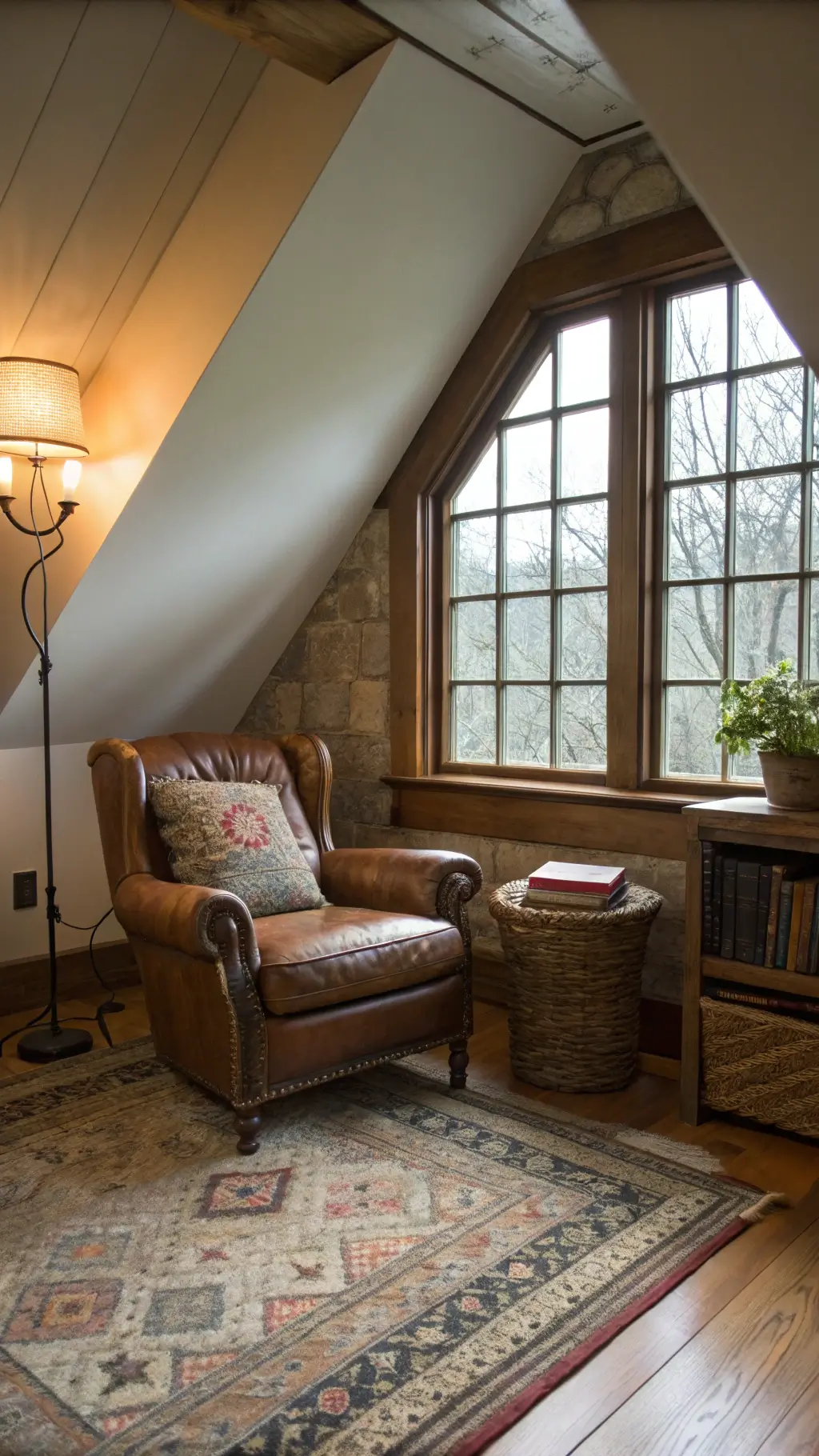 Cozy attic reading nook with vintage leather armchair, hand-knotted wool rug, and side table with stones and seed pods, bathed in evening light through a dormer window with original wavy glass.