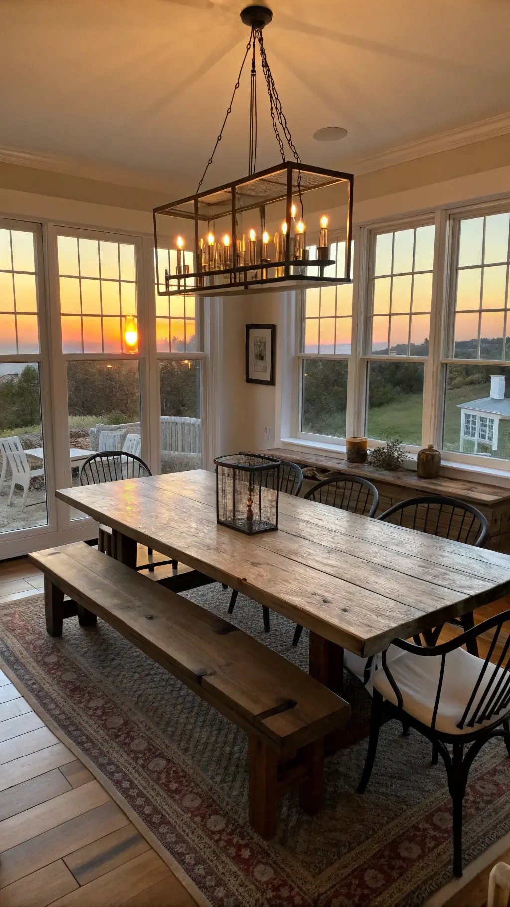 Sunset-lit dining area with 10ft reclaimed oak farmhouse table, mixed Windsor chairs and cushioned bench, vintage chandelier with Edison bulbs, linen runner, and candlesticks.