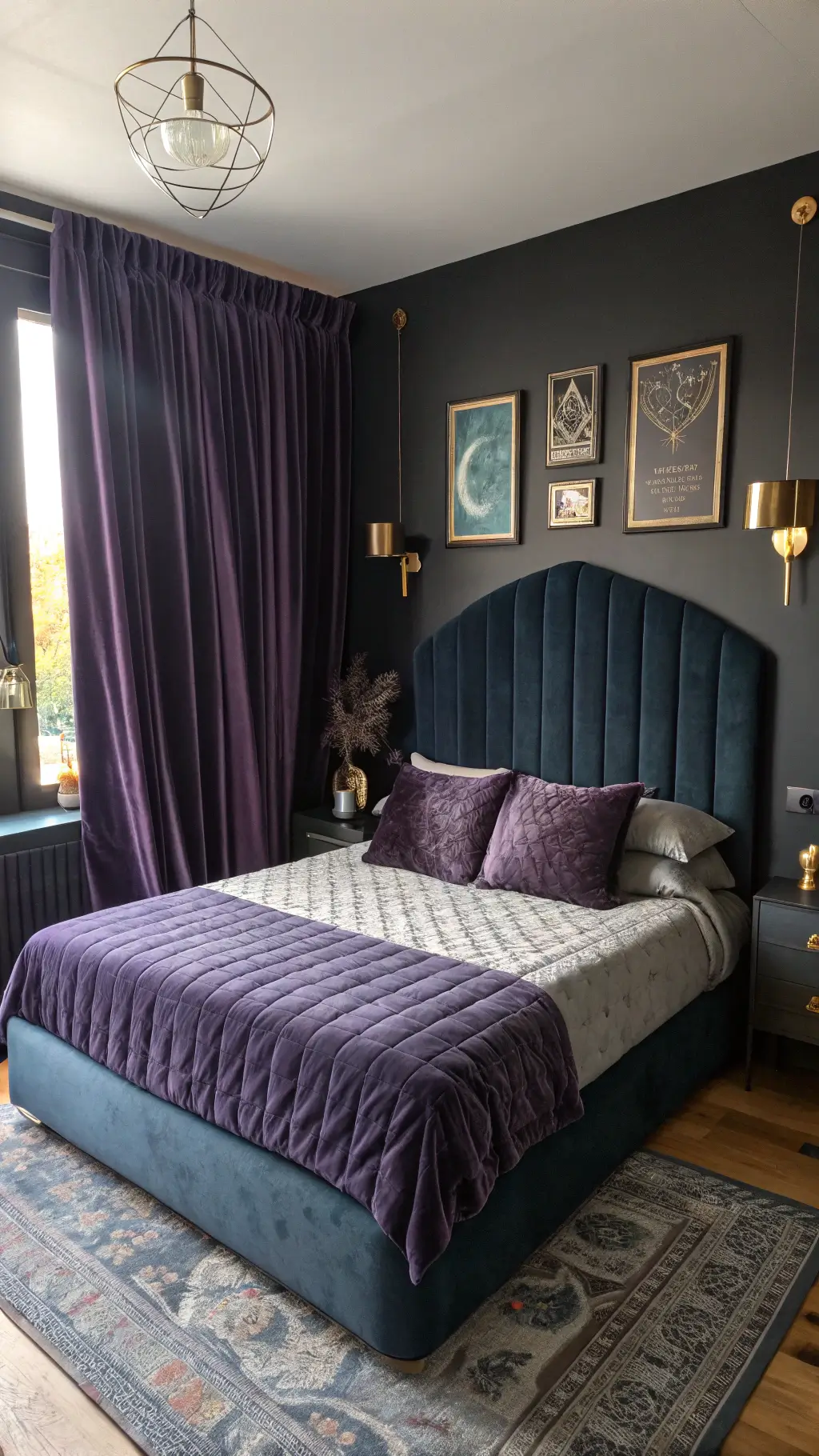 High-angle view of a cozy bedroom with morning light filtering through purple velvet drapes, a midnight blue velvet headboard, charcoal linen sheets, black quilted coverlet, and green and aubergine velvet pillows. Decor includes vintage celestial maps, crystal clusters, matte black ceramics, and warm brass sconces.