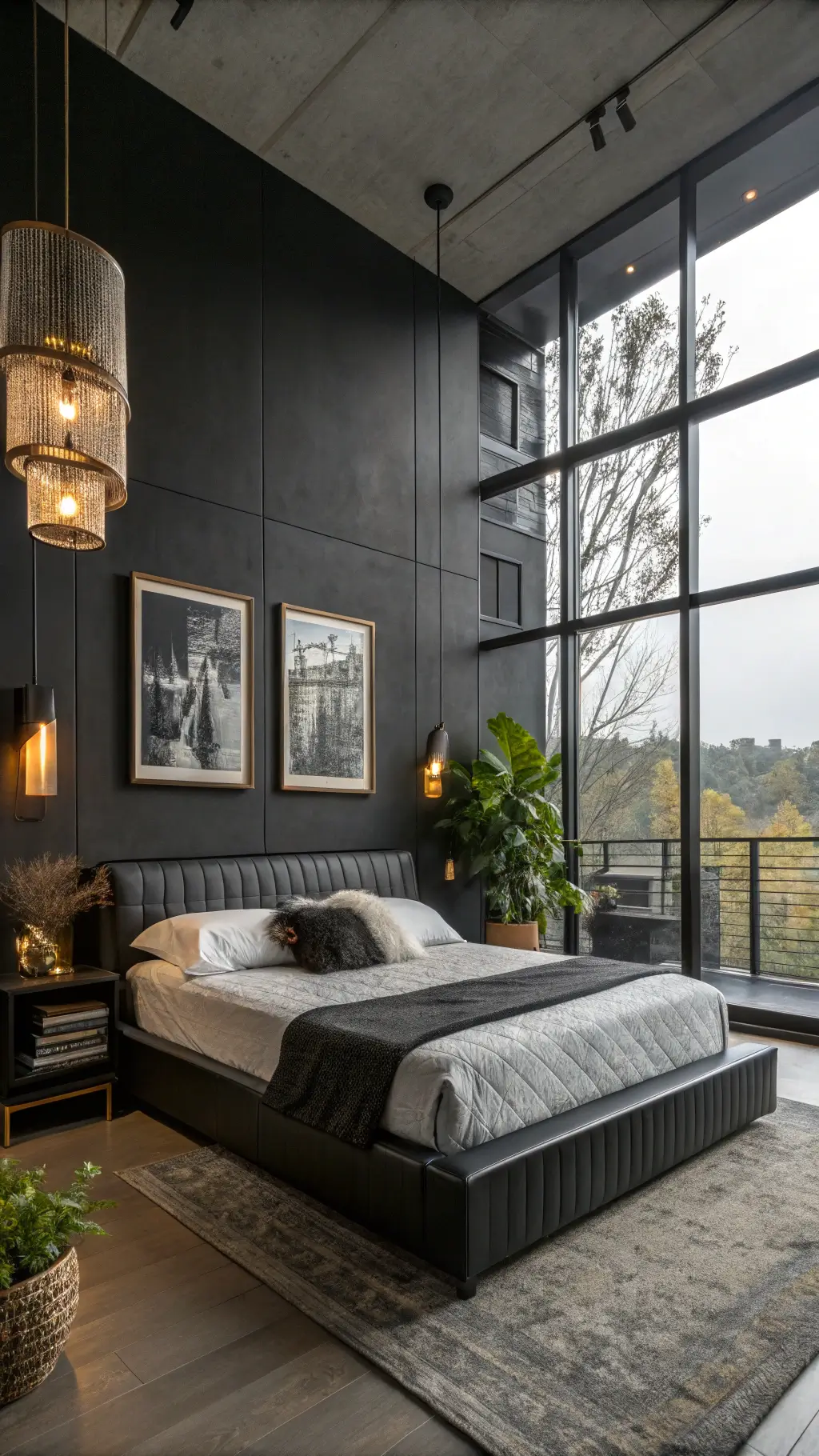 Minimalist bedroom with charcoal walls, floor-to-ceiling windows, black oak platform bed with leather headboard, modern brass pendants, black and white art, and large plants in black planters, photographed at dusk.