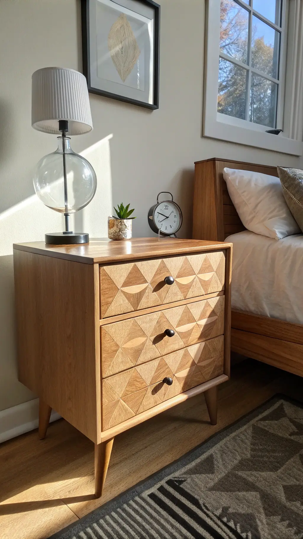 Scandinavian mid-century styled petite guest room with dramatic shadows, featuring a compact maple nightstand with geometric drawer fronts, a modern glass globe lamp, minimal decor and a small clock.