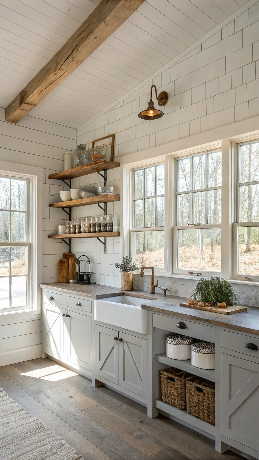 Vintage farmhouse kitchen bathed in morning sunlight, featuring white shiplap walls, wooden beams, ceramic crocks on reclaimed wood shelves, and a butcher block island with wrapped mason jars.