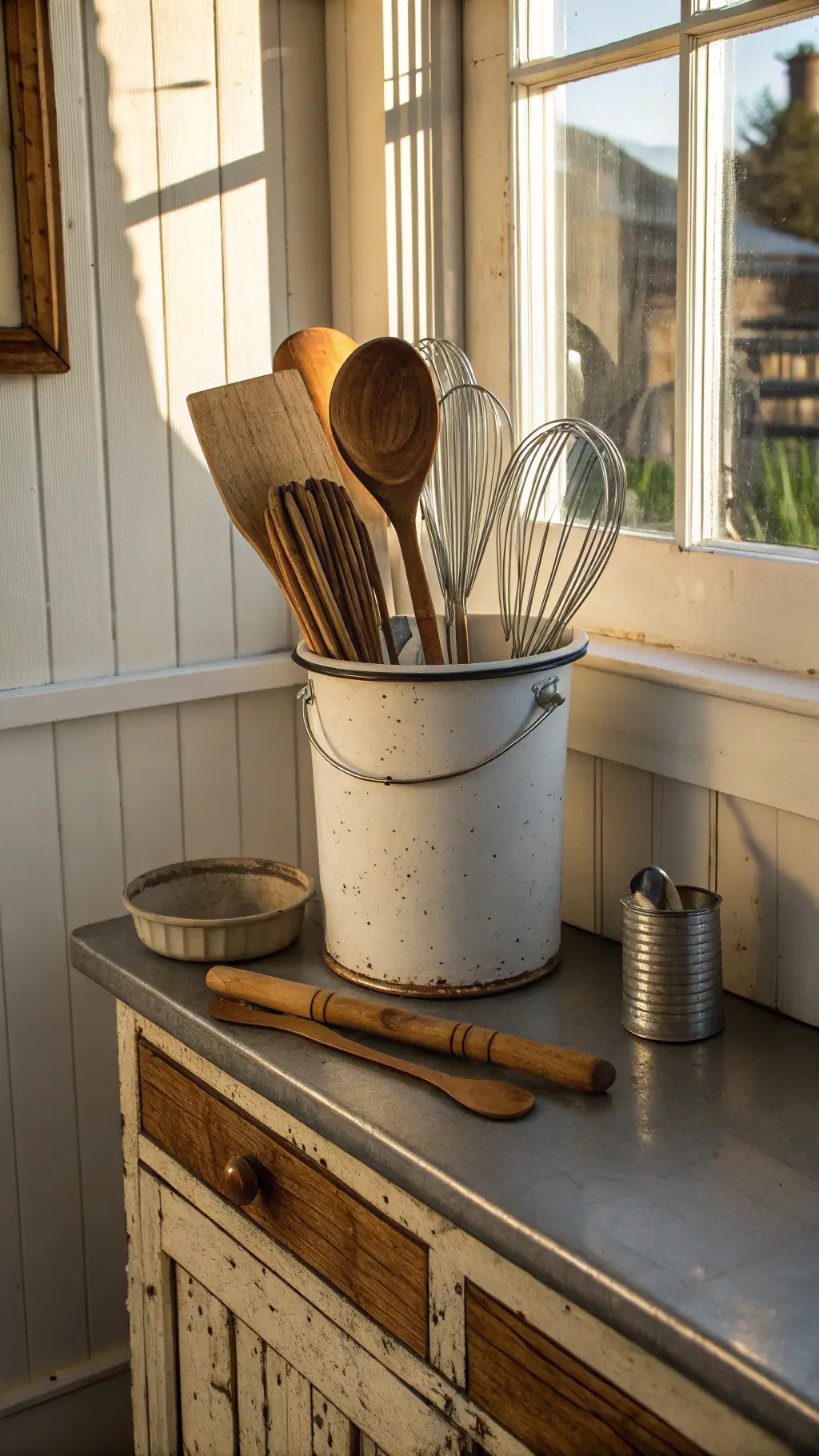 Vintage-inspired kitchen corner with distressed white enamel bucket, wooden spoons, whisks, and utensil holders on a zinc-topped table, bathed in soft afternoon light casting dramatic shadows.