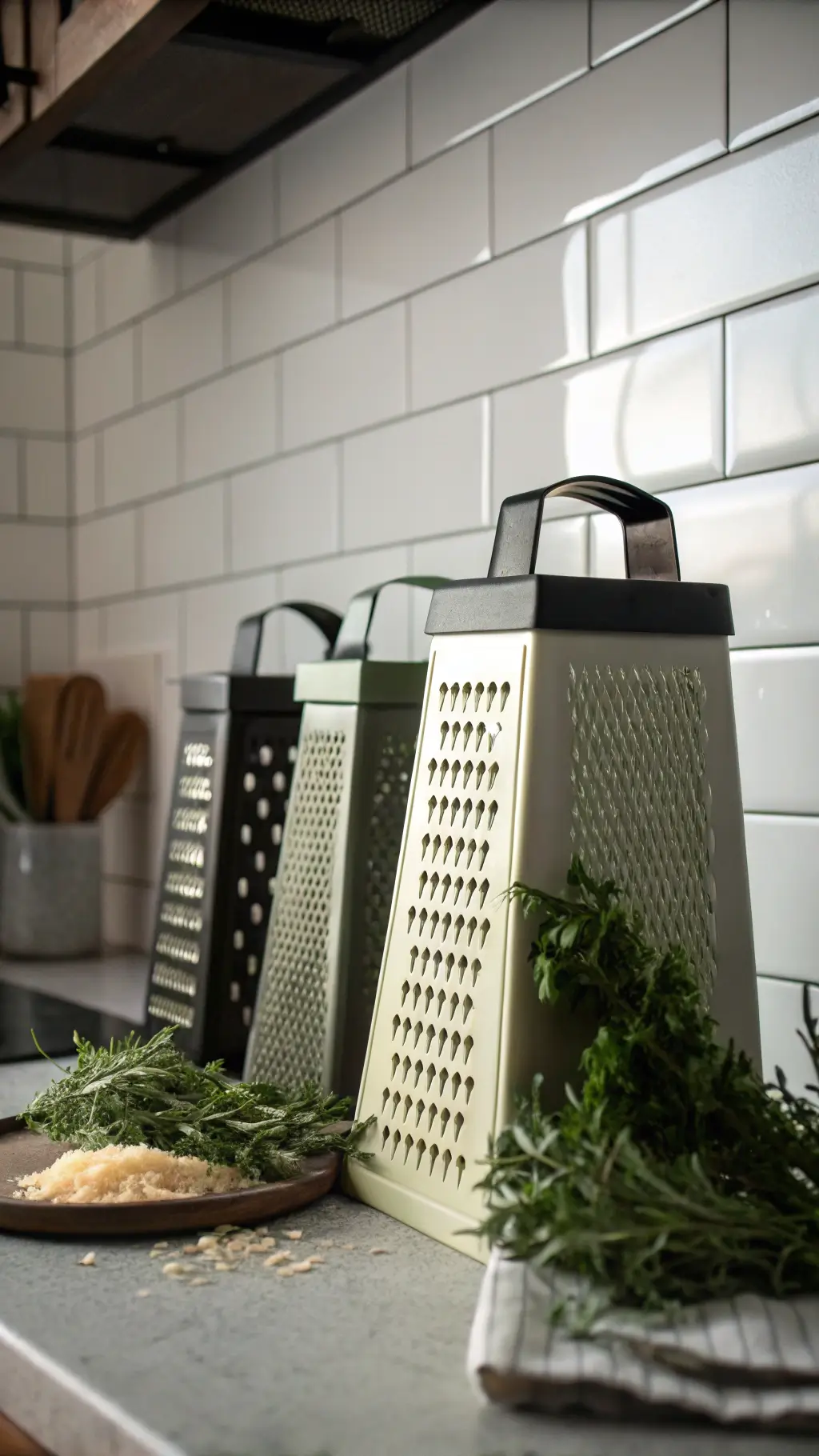 Three matte painted cheese graters in black, cream, and sage green holding utensils and fresh herbs on a kitchen counter with white subway tile backsplash, illuminated by dramatic side lighting, conveying an industrial-farmhouse aesthetic.