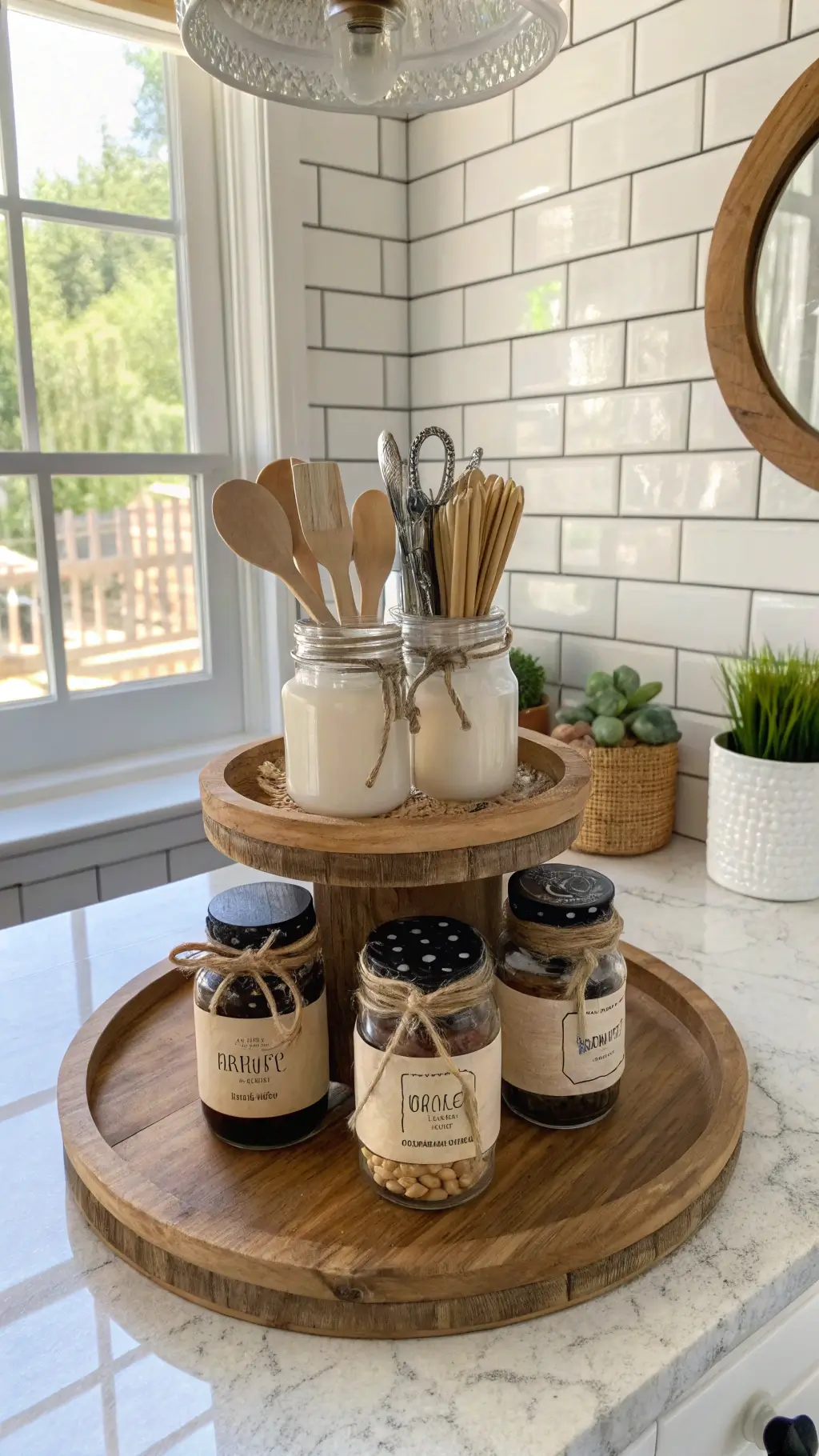 Bright kitchen nook with rustic wooden lazy Susan, mason jar utensil holders, whitewashed brick wall backdrop, shot from above with natural and soft fill light.