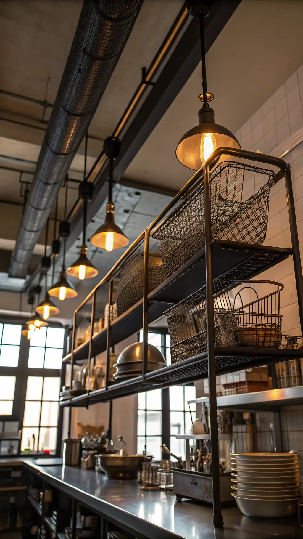 Professional kitchen with high ceiling and pendant lights, with cooking utensils stored in wire baskets on dark iron shelving, captured with an upward angle in warm golden hour lighting through industrial windows.