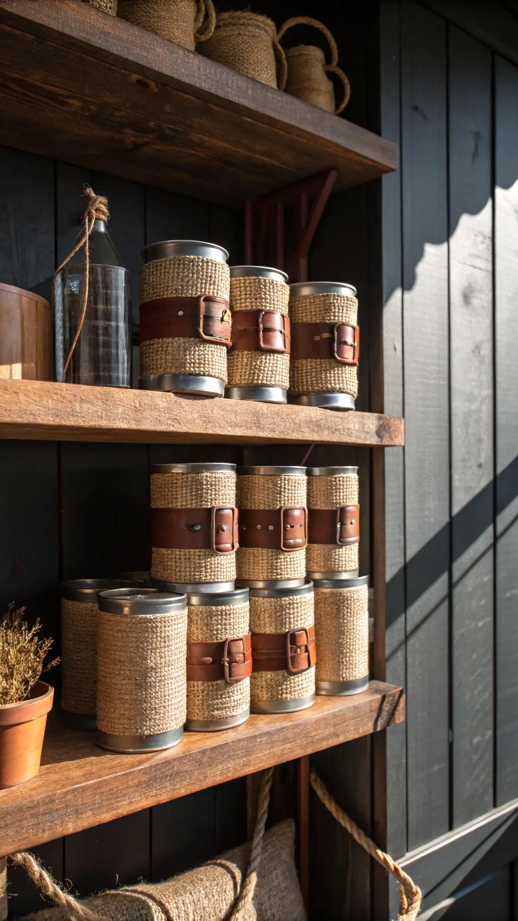Rustic open kitchen shelves with tin cans wrapped in burlap and leather straps, arranged in geometrical pattern against a dark shiplap wall, with dramatic side lighting casting strong shadows, captured with a telephoto lens emphasizing texture and earth-tone colors.