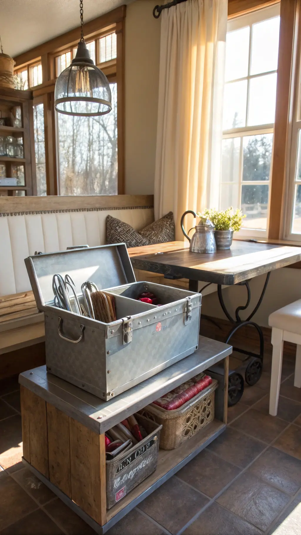 Sunlit breakfast nook with built-in bench seating, toolbox utensil organizer on factory cart, with morning light filtering through café curtains captured by a wide-angle lens