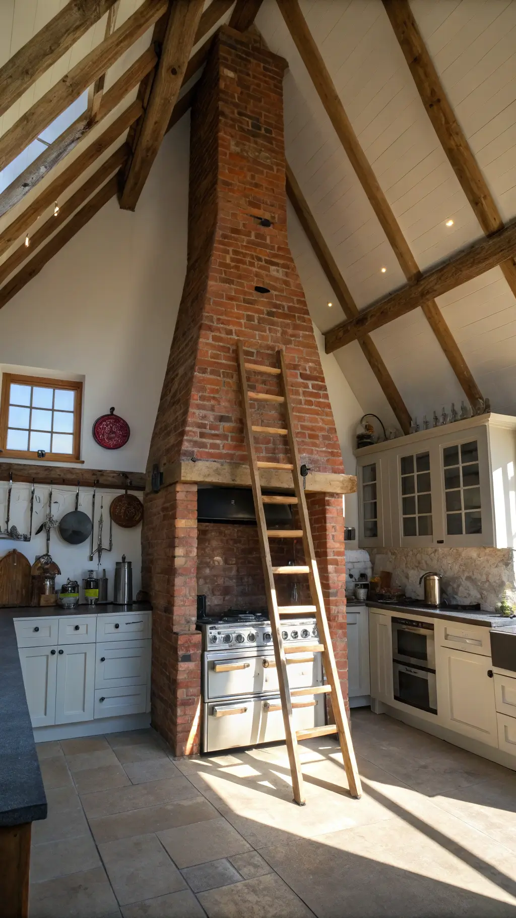 Contemporary farmhouse kitchen with brick chimney, vintage ladder utensil storage, strong afternoon shadows, and contrasting rustic and modern elements.
