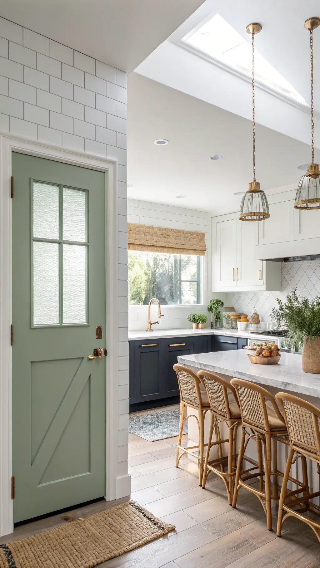 Bright, spacious coastal kitchen featuring a sage green pantry door, white marble countertops, navy island, rattan counter stools, and fresh herbs on windowsill, lit by skylight.