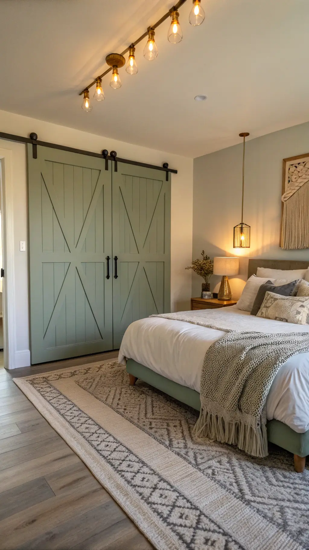 Master bedroom with sage green barn doors, cream linen bedding on a modern platform bed, ceramic lamps, and a macramé wall hanging, bathed in the warm glow of golden hour light.