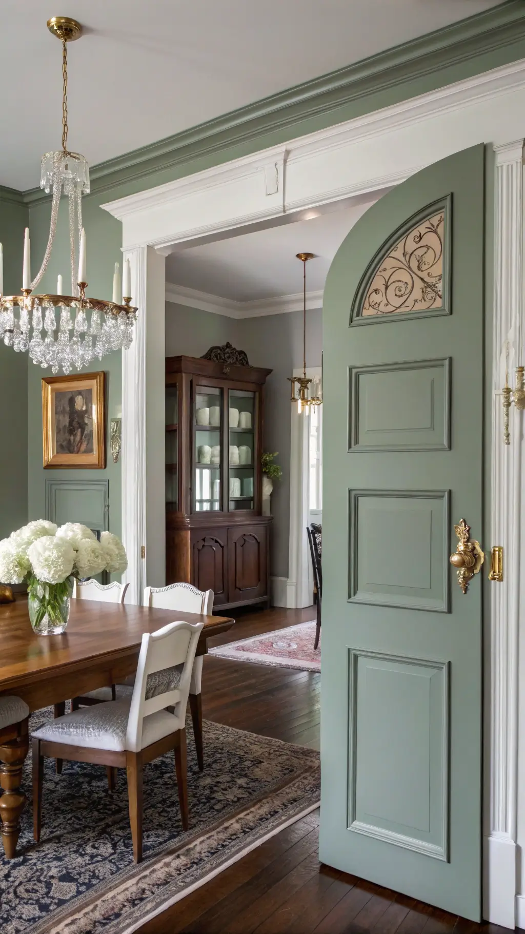 Victorian dining room with sage green pocket doors, crystal chandelier, dark hardwood floors, light gray walls, vintage oriental rug, wooden dining table, built-in cabinets with white china, and fresh hydrangeas in silver vase.