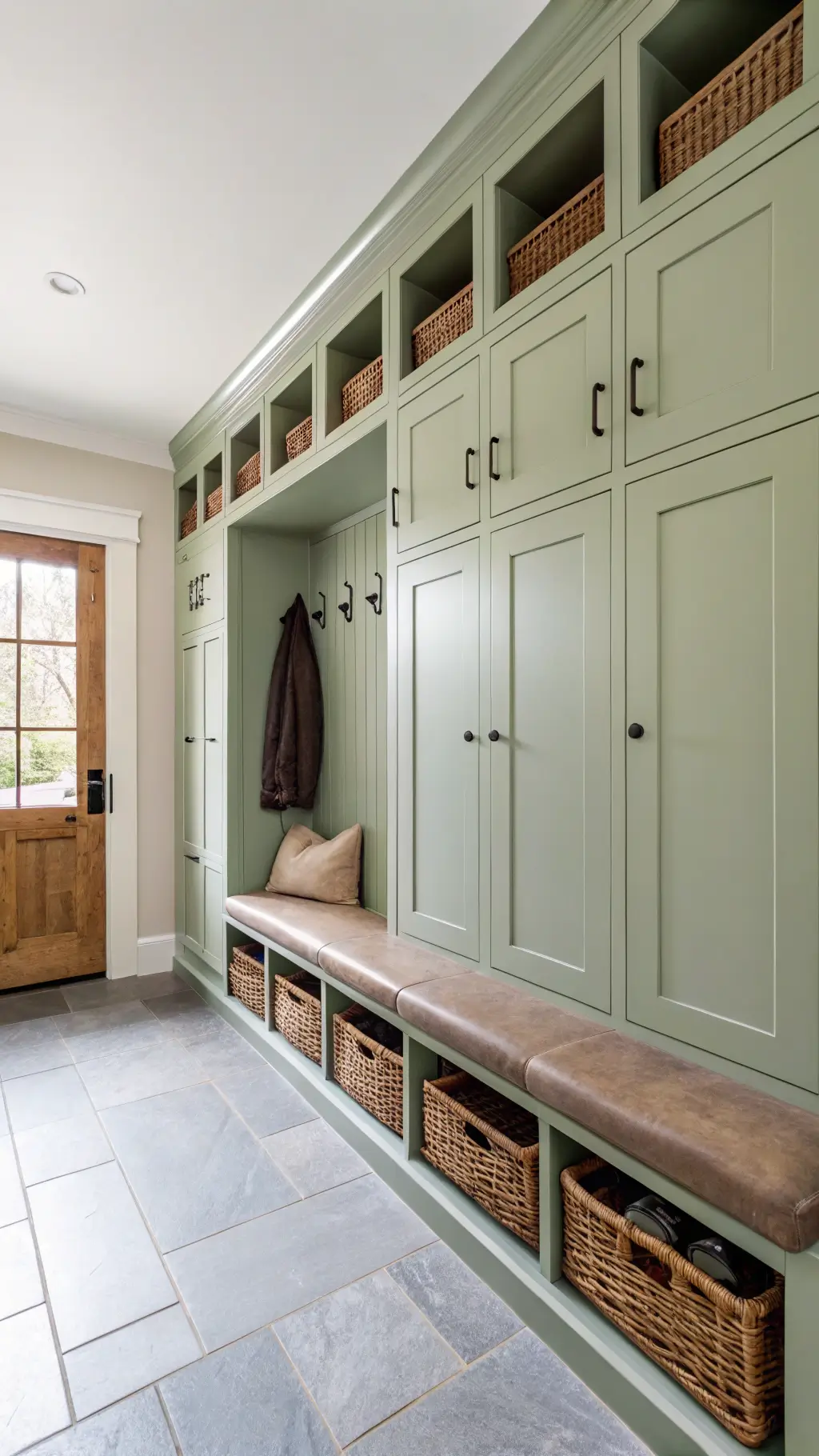 Minimalist mudroom with sage green lockers, limestone flooring, built-in bench, black metal coat hooks and shoe storage, accessorized with woven baskets and a vintage runner.