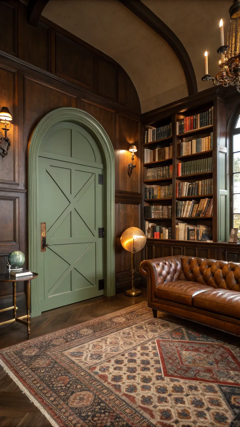 Art deco library with warm lights, arched sage green door, dark walnut bookshelves, cognac leather sofa, brass floor lamp, oriental rug, and globe bar cart with vintage books