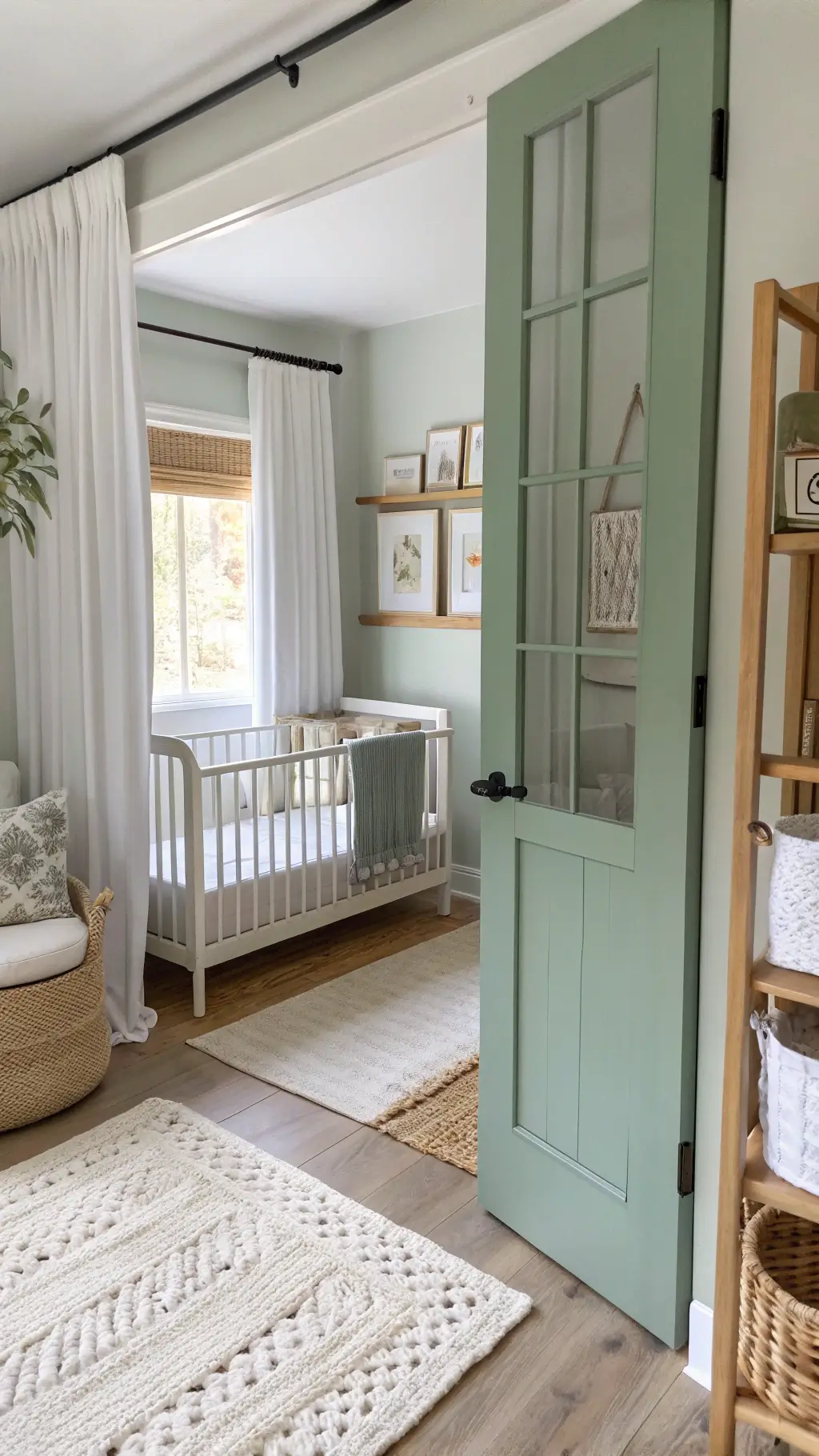 Modern nursery featuring a sage green dutch door, white crib, rattan rocker, botanical prints in brass frames, and floating shelves with books