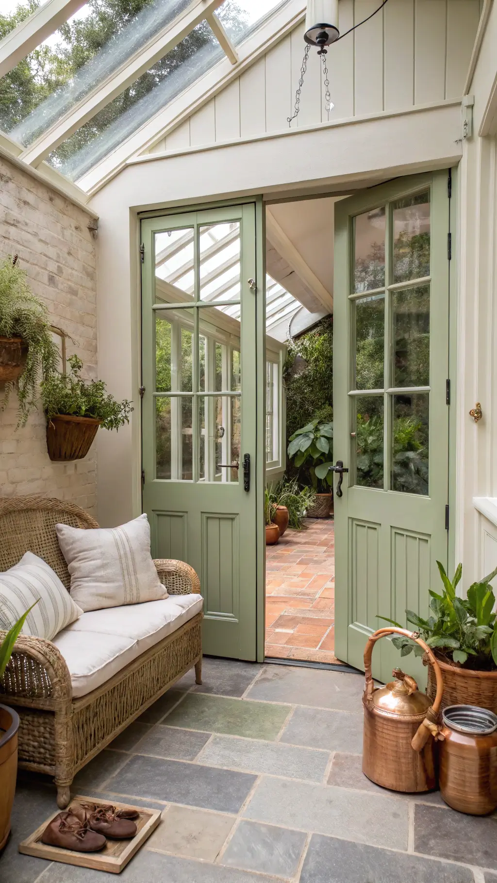 Dappled afternoon light illuminating a garden room through sage green French doors, with terra cotta tiles leading to greenhouse, framed by potted fiddle leaf figs, featuring vintage rattan furniture and artfully arranged garden tools.