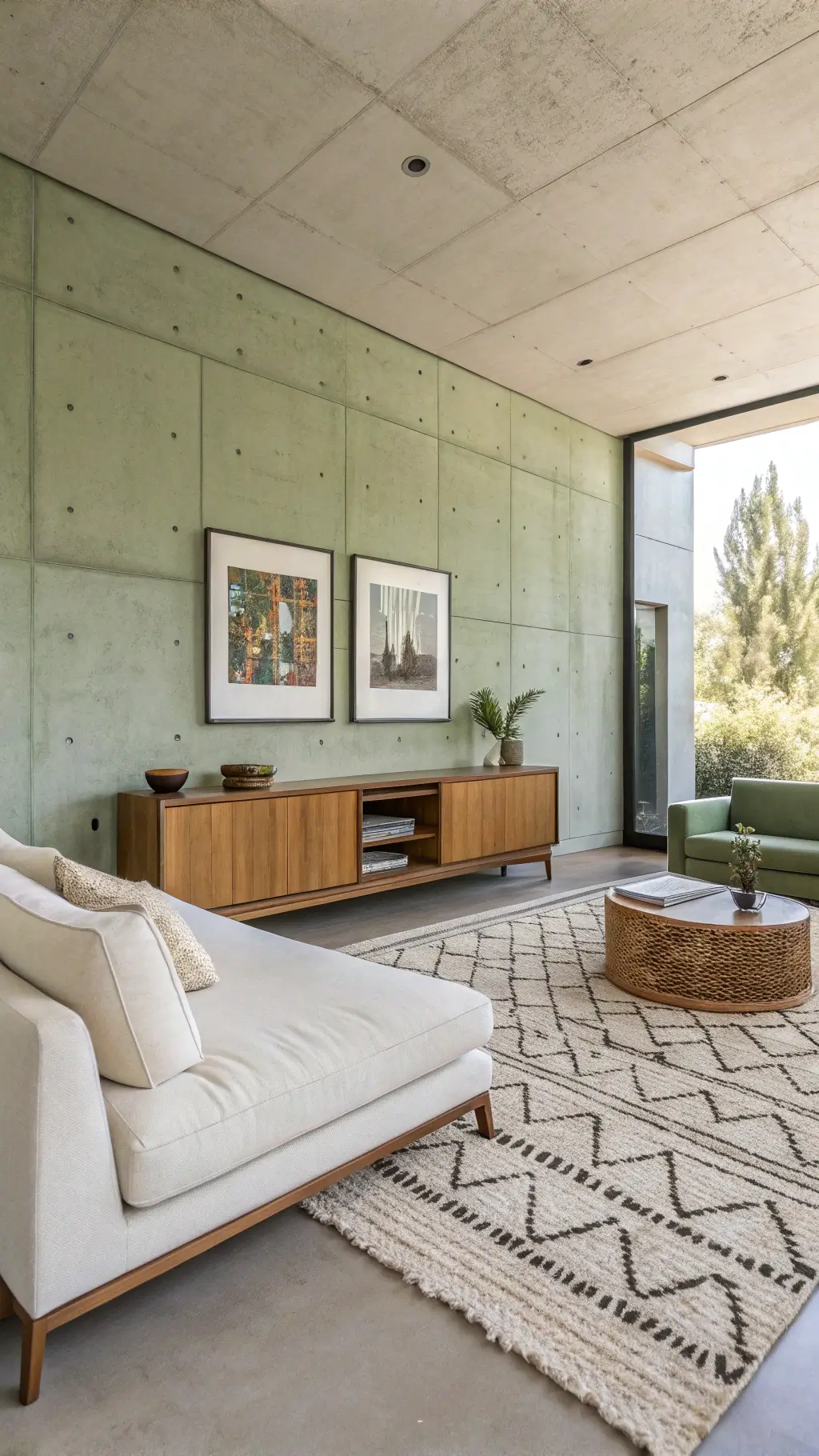 Modern, minimalist 18x16ft living room at midday with sage green concrete wall, wooden credenza, cream linen sofa, brass-framed artwork, and geometric wool rug.