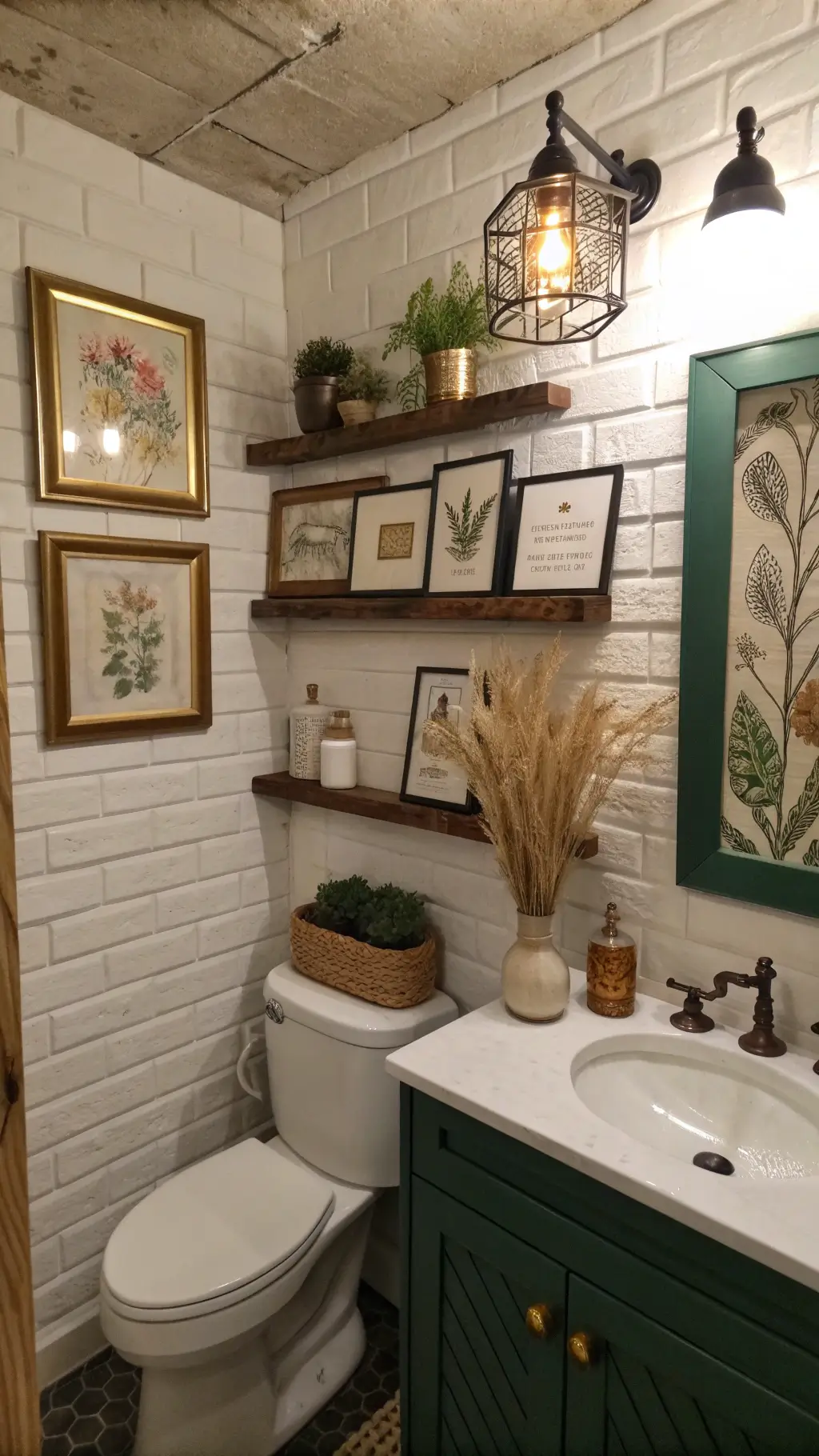 Twilight view of compact bathroom with whitewashed brick walls adorned with vintage botanical prints, reclaimed wood shelves displaying clay vessels and pampas grass, Moroccan pendant lamp casting shadows, and emerald green clawfoot vanity.