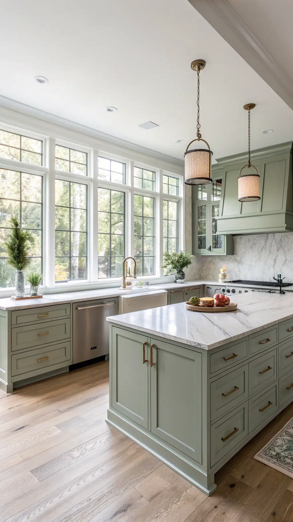 Sunny 12x15ft kitchen with sage green shaker cabinets, white marble countertops, light sage center island with brass hardware, white oak flooring, and cream zellige tile backsplash, vintage brass pendant light, and fresh herbs in terracotta pots