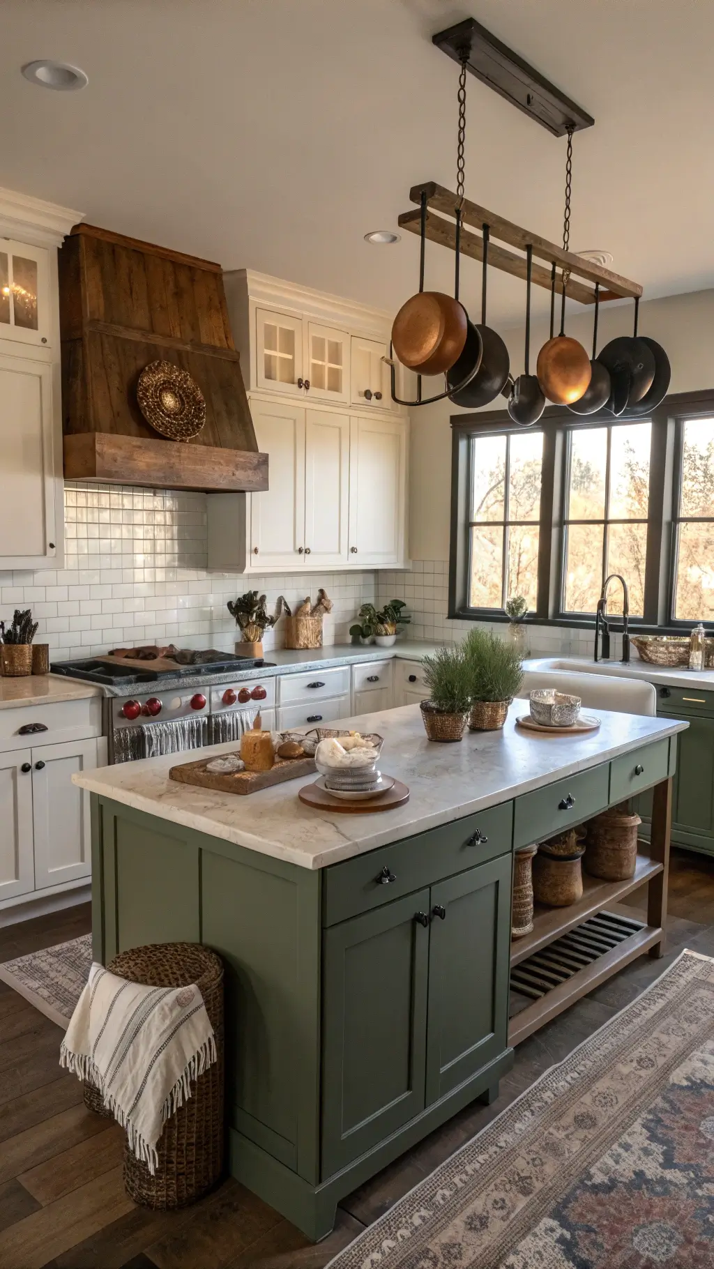 Late afternoon sun illuminating a modern farmhouse kitchen with deep sage lower cabinets, warm white upper cabinets, vintage copper pots, white subway tile with dark grout, and a large weathered oak island with a casual table setting.