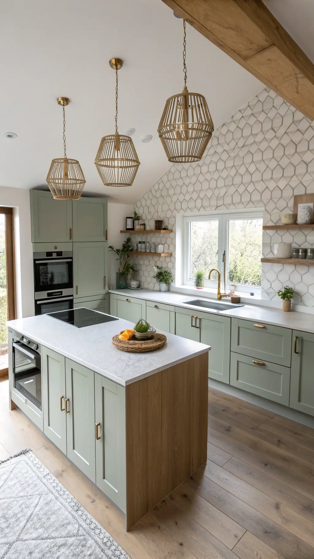 Scandinavian kitchen with sage cabinets, concrete countertops, oak open shelving, and geometric pendant lights, photographed from above at midday.