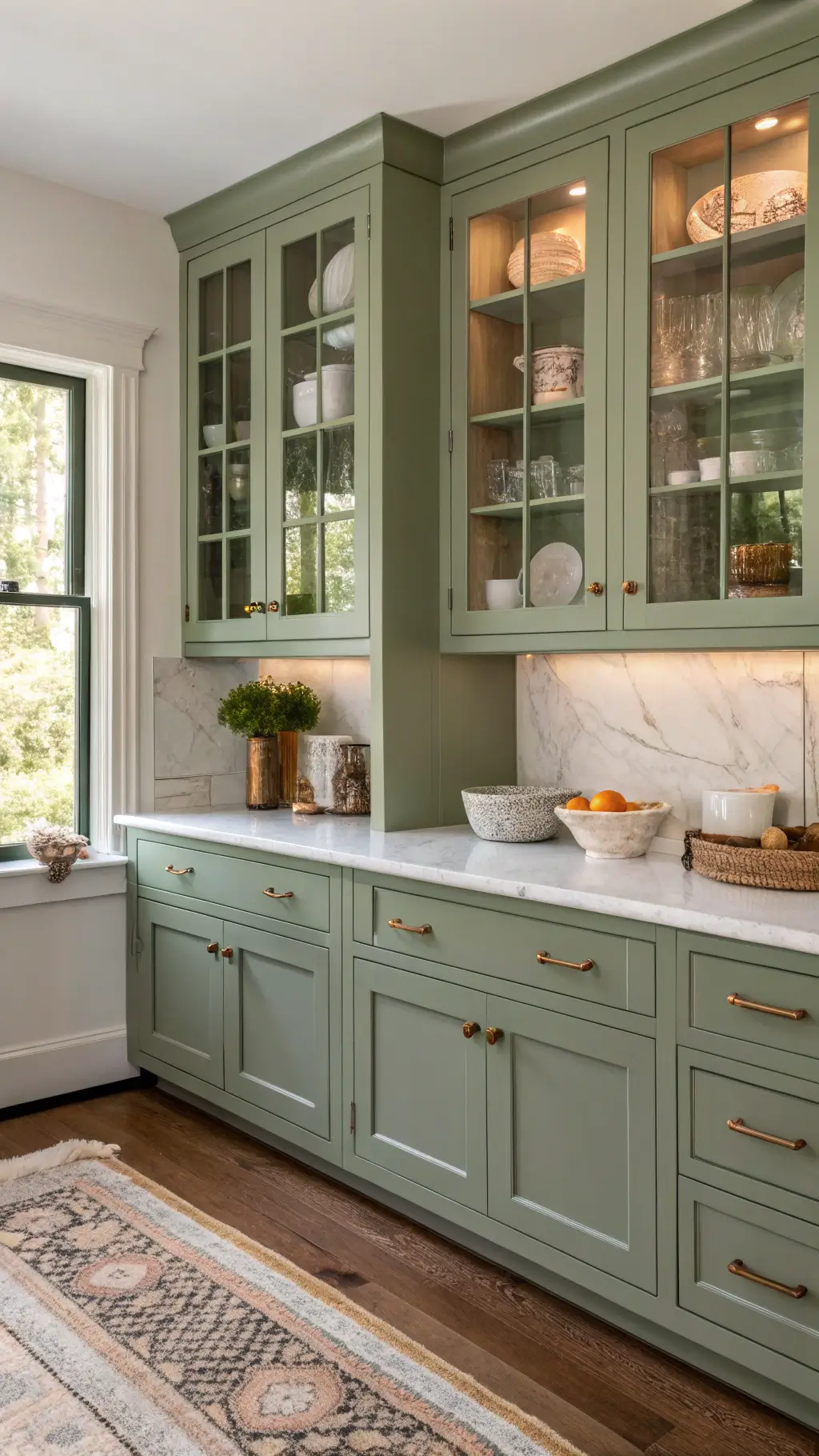 Small 10x12ft kitchen corner bathed in warm sunlight, featuring sage green cabinets with ceramics, Carrara marble countertops, and a handwoven runner leading to a breakfast nook