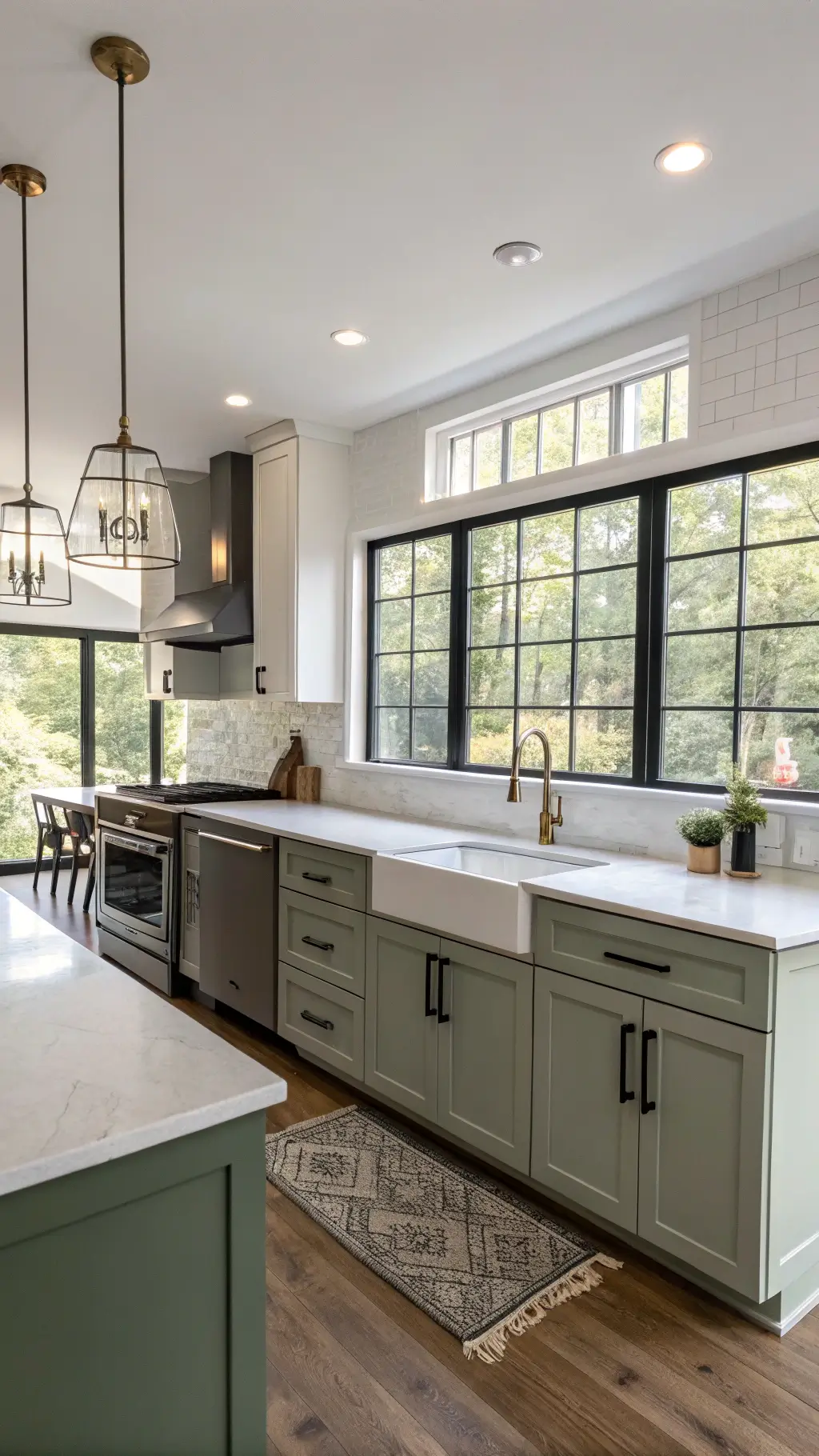 Overhead shot of a contemporary 16x18ft open-concept kitchen with two-tone sage cabinetry, white quartz waterfall island, minimalist brass fixtures, matte black accents, and a dining area, bathed in soft morning light from floor-to-ceiling windows.