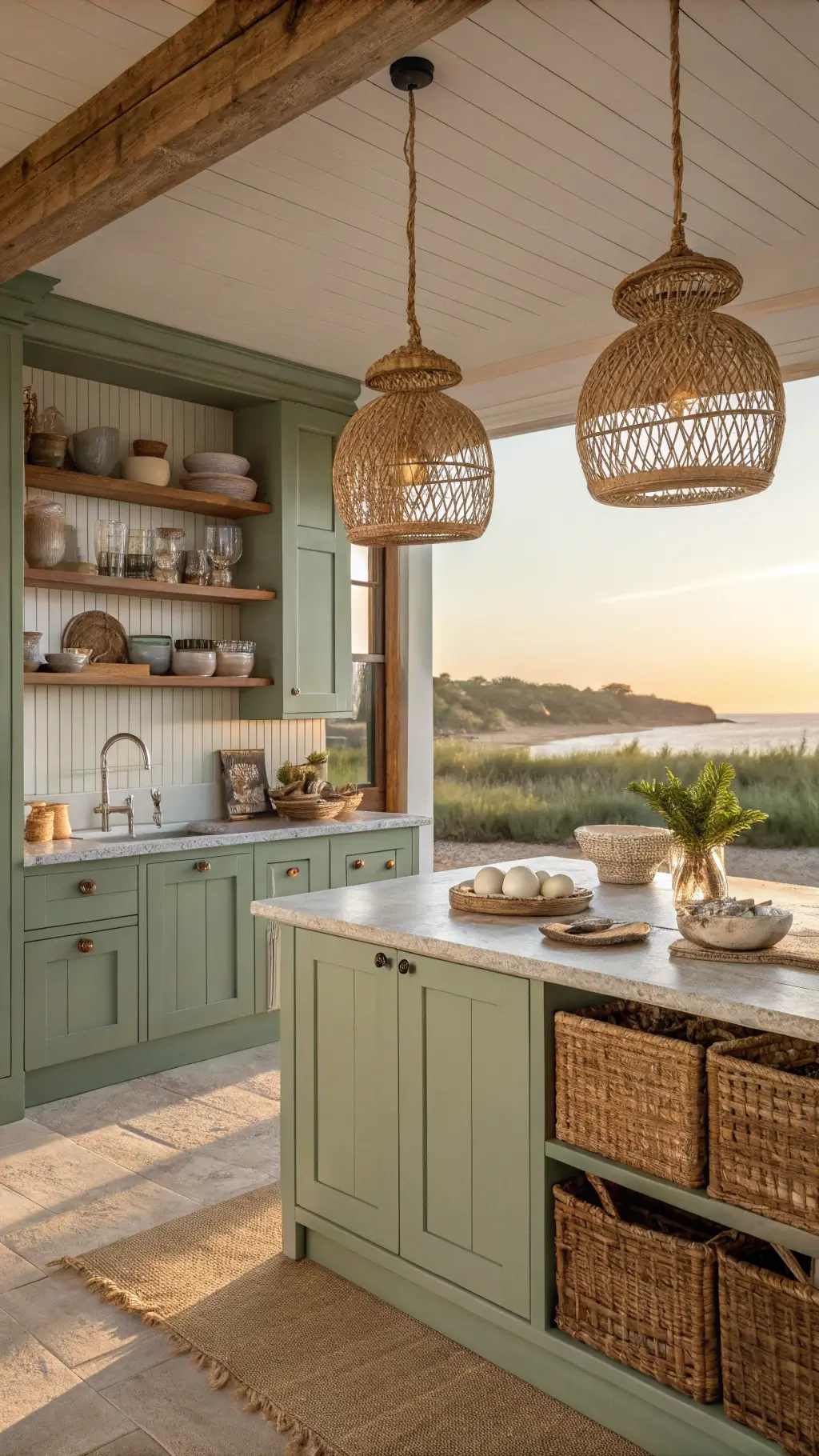 Boho-coastal kitchen with sage green beadboard cabinets, rattan details, limestone counters, open shelving with shells and pottery under woven pendant lights at sunset.