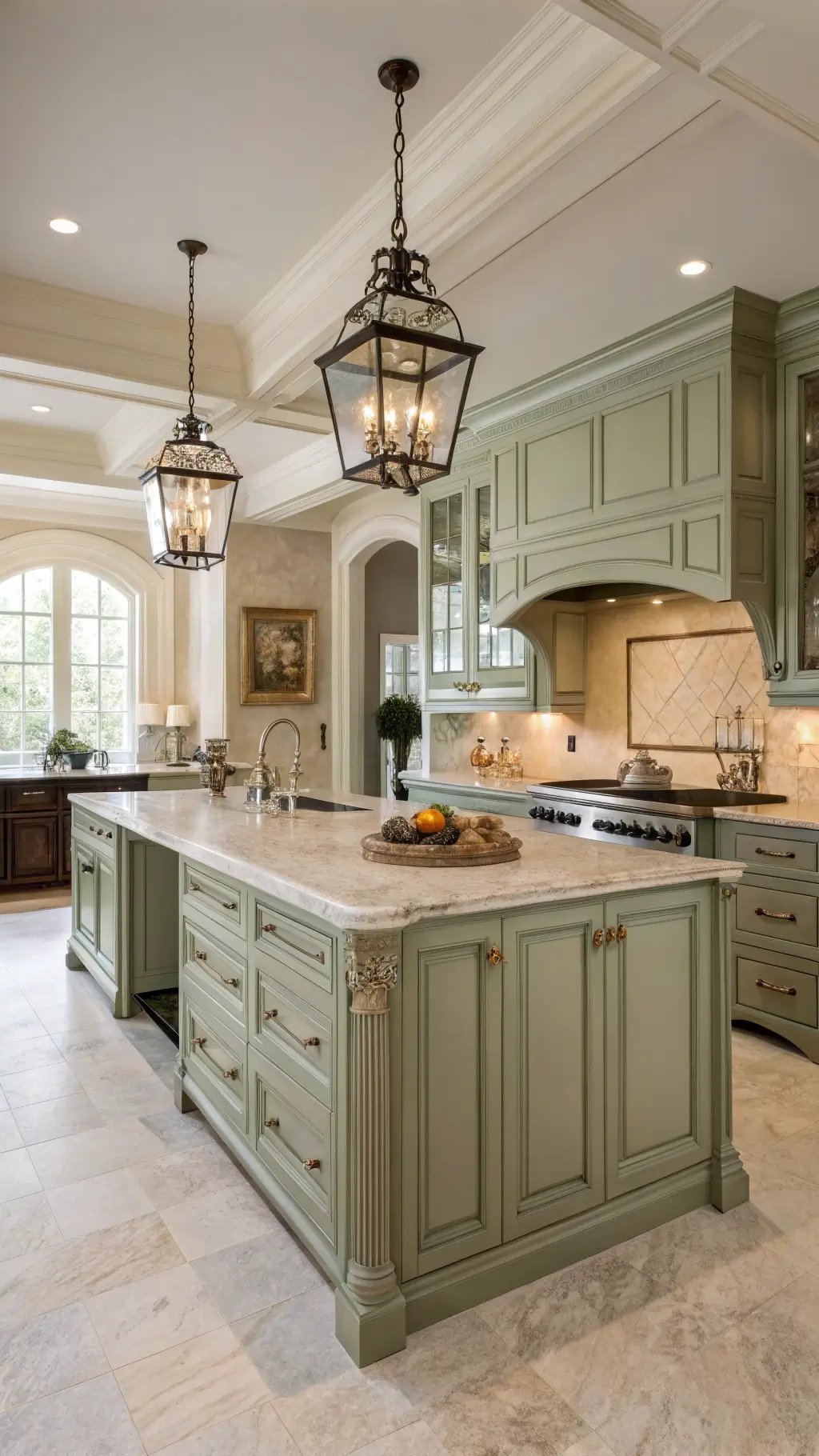 Elegant traditional kitchen with sage green inset cabinets, Calacatta gold marble counters, grand island, and polished nickel lanterns, bathed in soft afternoon light