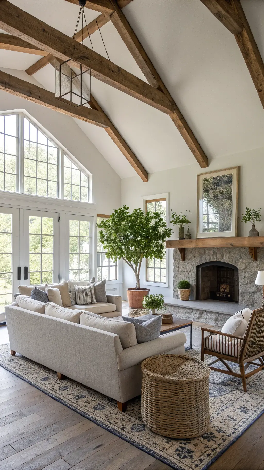 Spacious, sunlit living room with cathedral windows, rough wooden ceiling beams, gray sectional, wicker armchairs, and stone fireplace with wood mantel, decorated with olive trees, brass lanterns, and hand-loomed throws.