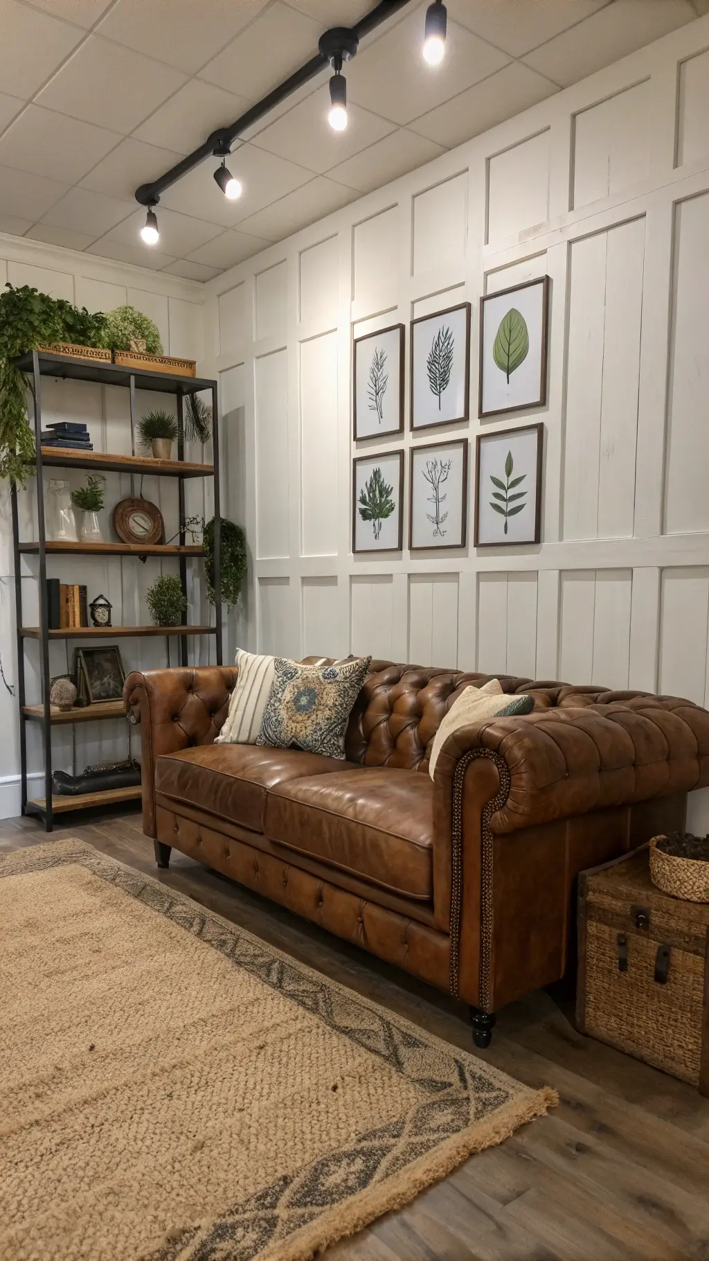 Moody 16x14ft living room with weathered leather Chesterfield sofa, industrial pipe shelving, vintage décor, and layered rugs during blue hour.