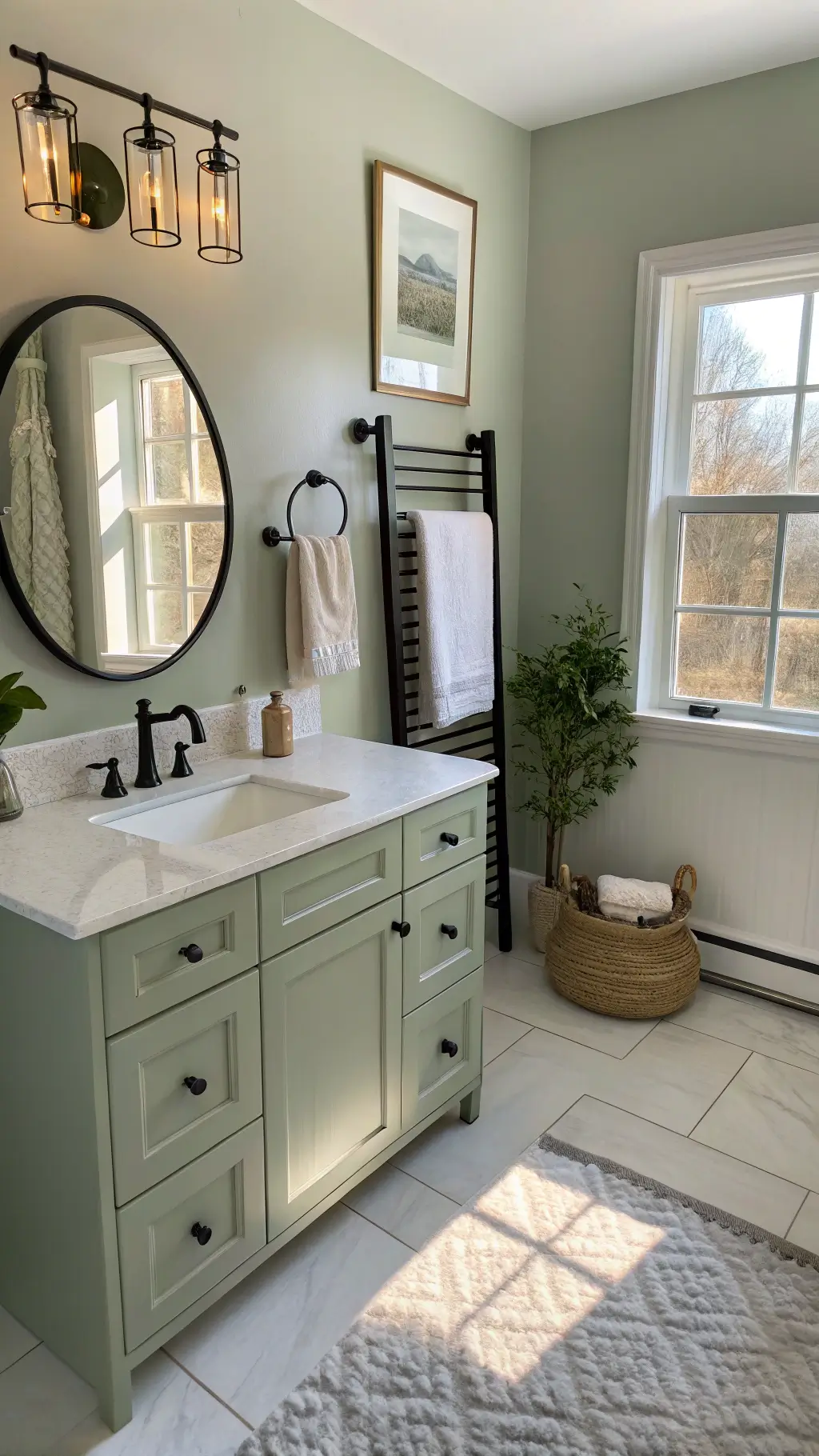 Sunny 8x10ft bathroom with sage green walls and cream tiles, featuring a modern green vanity, white marble top, frosted window casting shadows on a brass mirror, cream towels hanging on a black rack, and a large monstera plant.