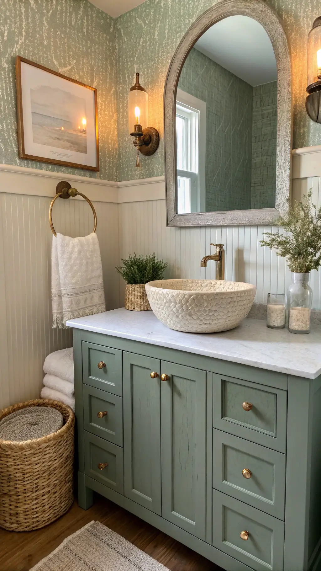 Sophisticated coastal-themed powder room with sage green walls, cream grasscloth wallpaper, deep sage floating vanity with brass pulls, and a handmade ceramic vessel sink, illuminated by vintage brass sconces.