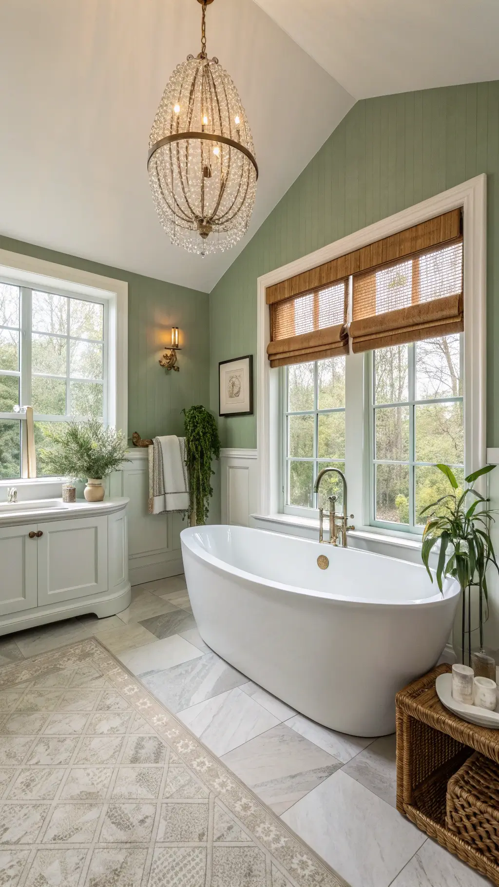 Luxurious master bathroom with sage green accent wall, matte white soaking tub, marble tiles, crystal chandelier, cathedral ceiling, layered window treatments, aged brass faucets, and eucalyptus bundle on bath caddy, shot at dawn