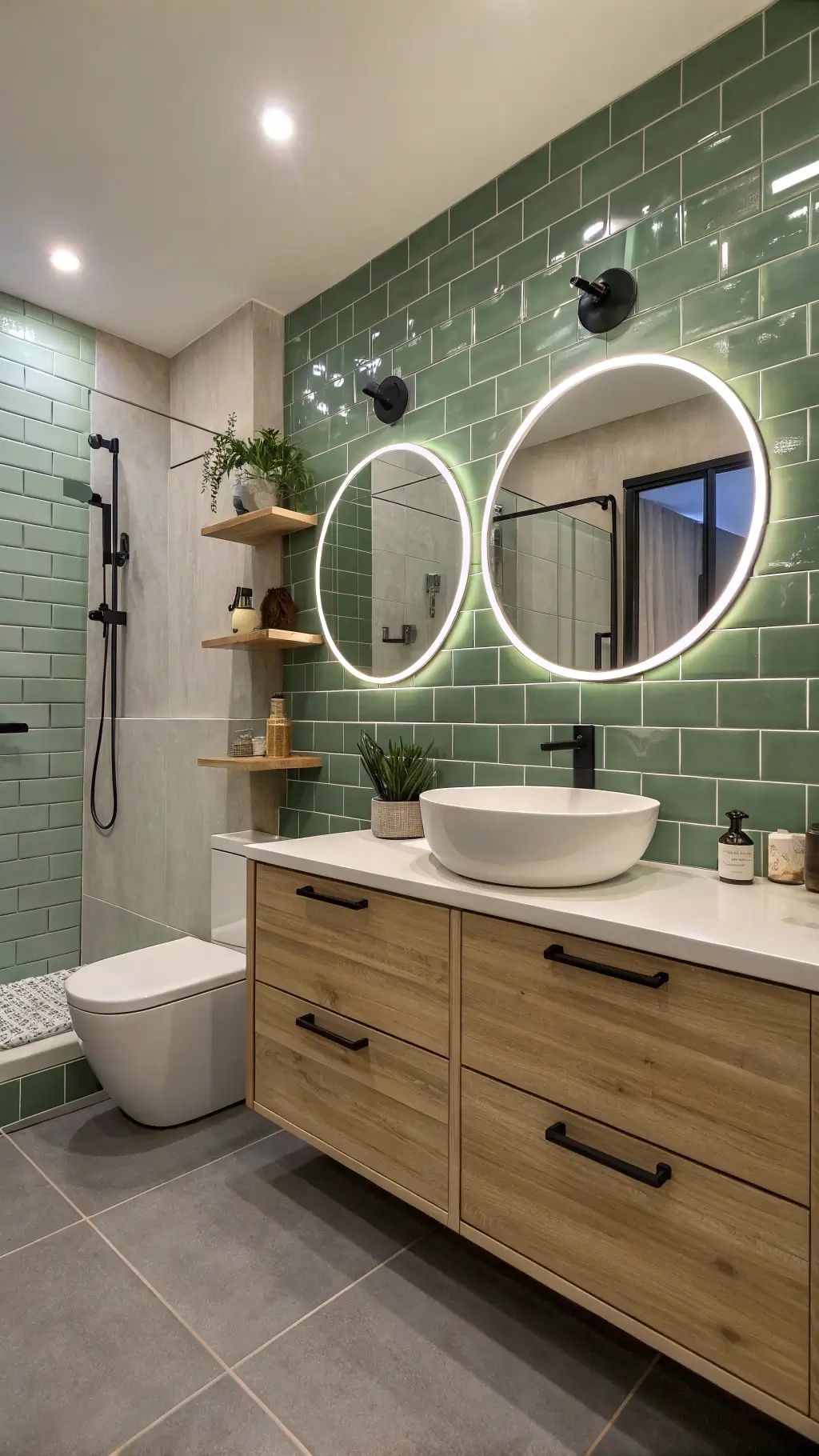 Modern bathroom interior at dusk featuring sage green subway tiles, double sage vanity with waterfall quartz countertop, round LED mirrors, matte black fixtures, and white oak shelves with artisanal pottery under soft recessed lighting.