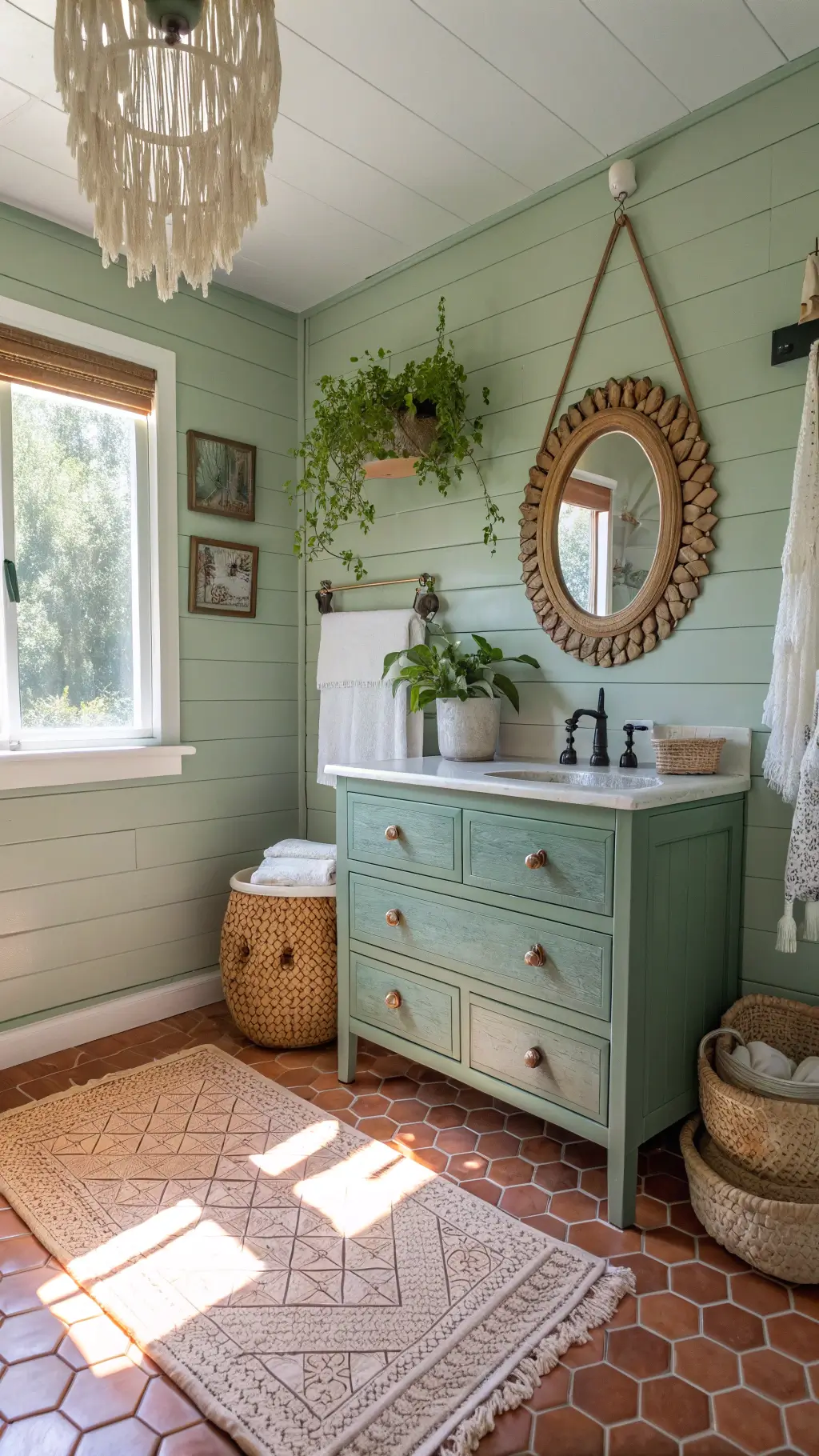 Mid-day view of a bright boho bathroom with sage green shiplap walls, terracotta hexagonal floor tiles, a vintage dresser-turned-vanity, and natural fibre rug. Decor includes a macramé wall hanging, an antique brass mirror, potted ivy, and a rattan pendant light casting shadows.