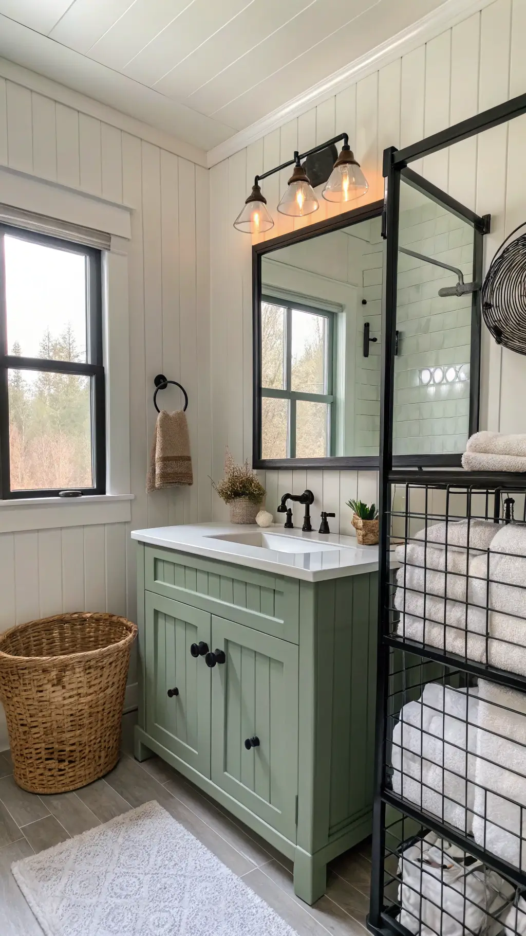 Modern farmhouse bathroom with sage green wainscoting, black steel shower enclosure and white oak vanity bathed in afternoon light