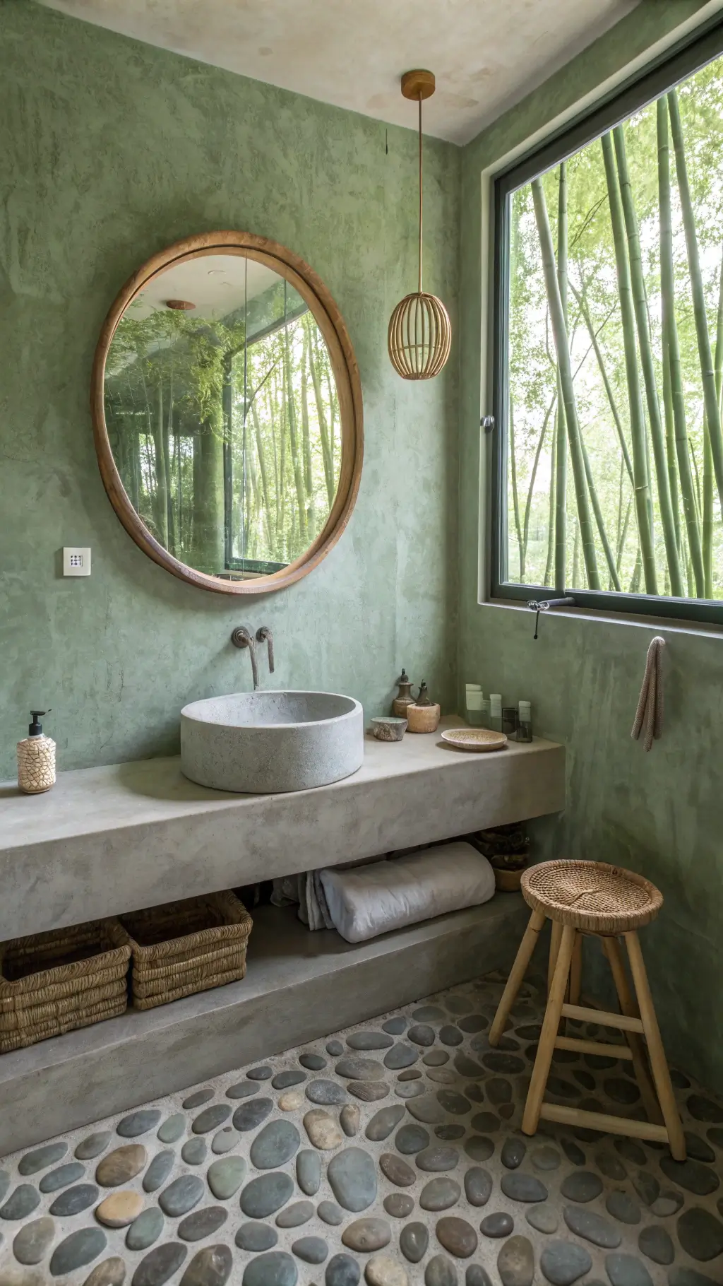 Aerial view of a zen-inspired 7x9ft bathroom featuring sage green venetian plaster walls, floating concrete vanity with sink, oversized round mirror reflecting an outdoor bamboo grove, river rock patterned natural stone floor, and a wooden stool carrying simple ceramic accessories, all under diffused morning light through frosted glass.