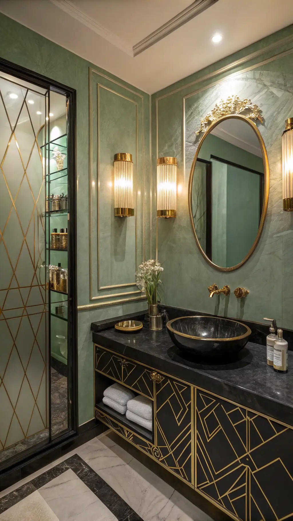 Art deco inspired bathroom with sage green walls, gold trim details, black marble vanity with brass sink, backlit octagonal mirror, vintage perfume bottle display and crystal sconces at twilight