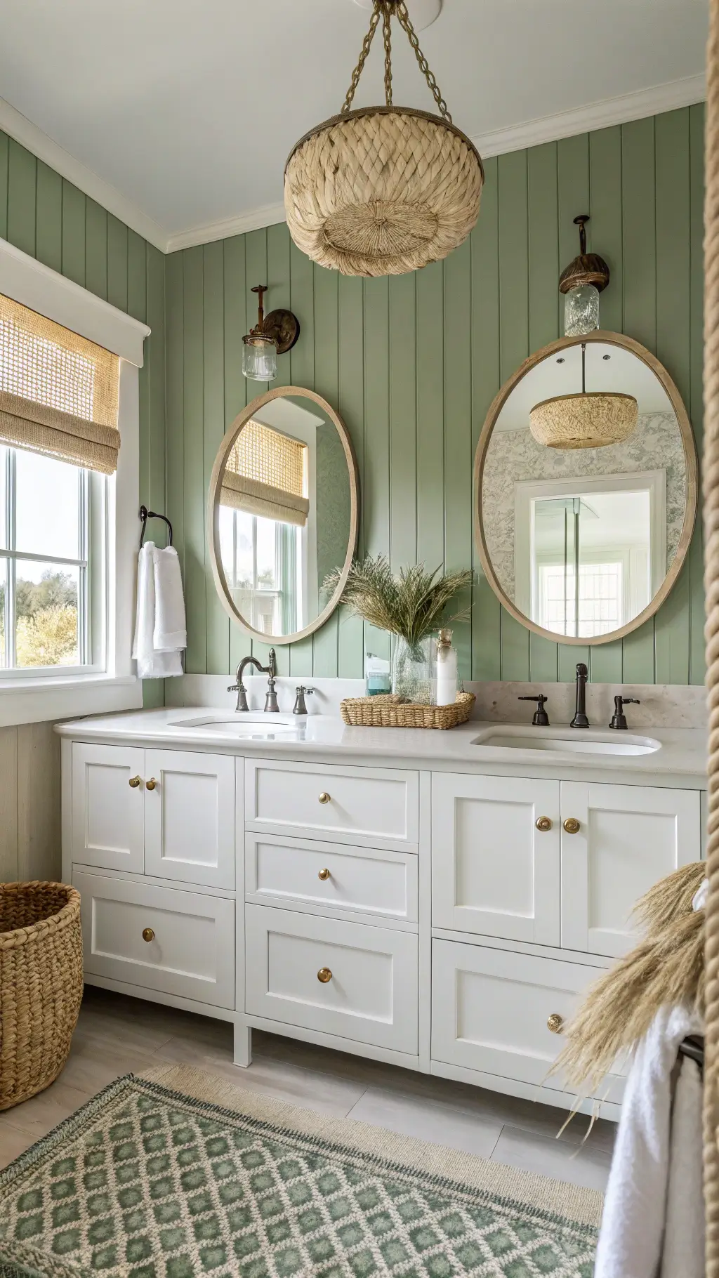 Bright, elegant coastal retreat bathroom with sage green V-groove paneling, sandy beige walls, white oak double vanity, weathered brass mirrors, and unique seagrass pendant light.
