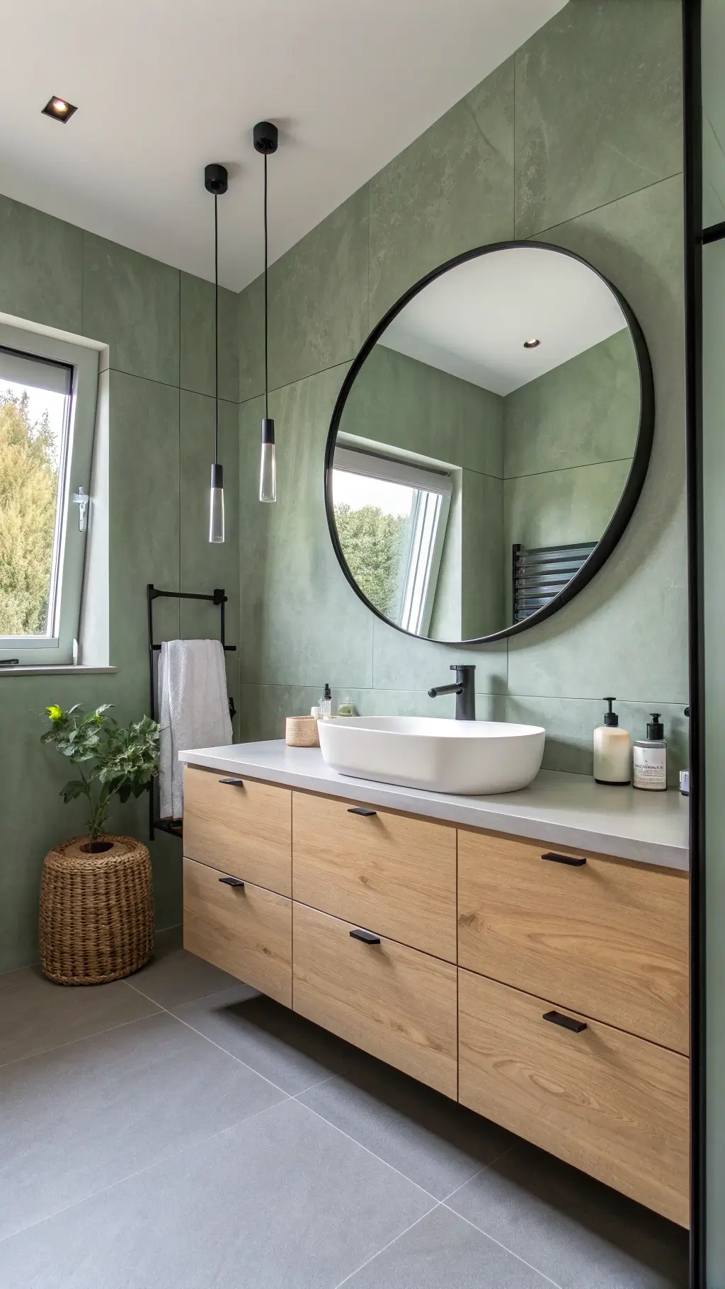 Minimal Scandinavian bathroom with sage green micro-cement walls and floor, floating birch vanity, circular mirror with a slim black frame, and simple ceramic vessels under linear LED lighting at sunrise