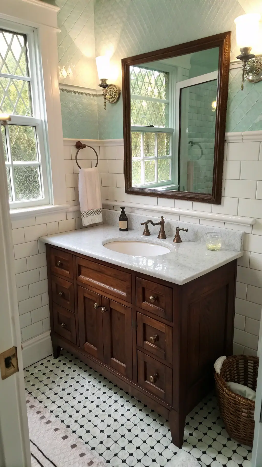 1920s mahogany vanity in a 5x8ft bathroom with morning light streaming through textured glass, pale mint walls, white subway tiles with black grout, and black and white basket weave floor tiles, with antique brass towel bar and mercury glass accessories.