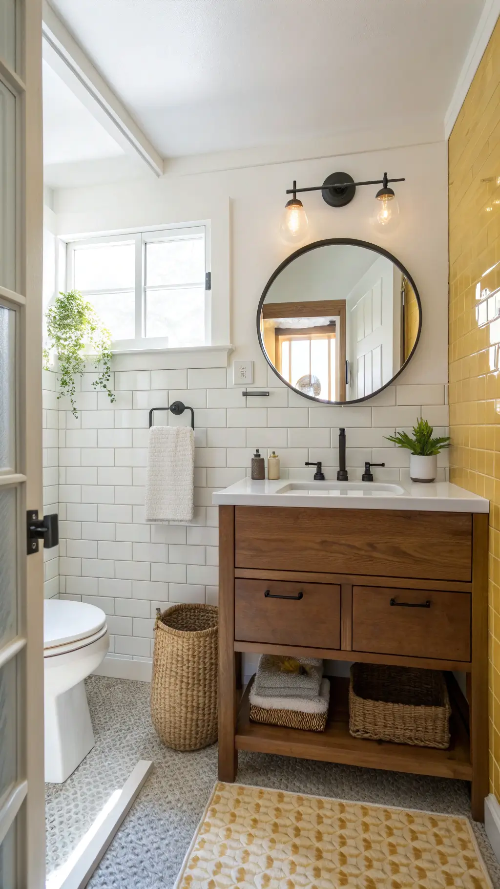 Warmly lit compact 5x7ft bathroom featuring honey-yellow subway tiles, white upper walls, a walnut wood vanity, brass-framed mirror, matte black fixtures, and minimalist white ceramics on floating shelves.