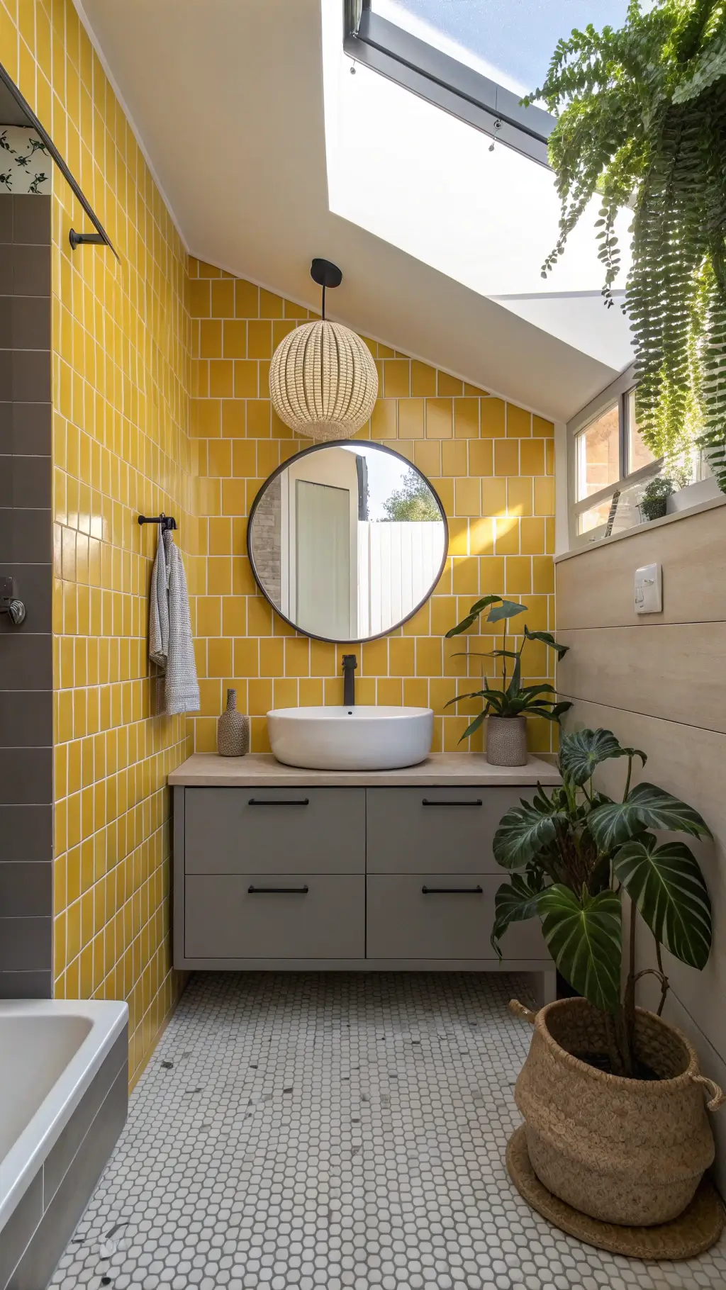 Midday sunlit 7x8ft bathroom with yellow metro tiles, white penny tile floor, gray floating vanity, round mirror reflecting light from skylight, potted monstera and a woven pendant light.